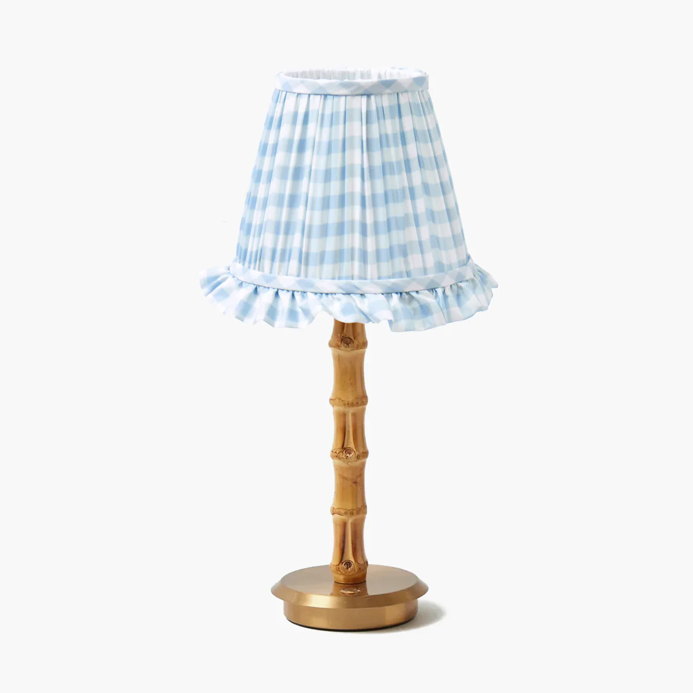 Bamboo Rechargeable Lamp with Blue Gingham Ruffle Shade (18cm)