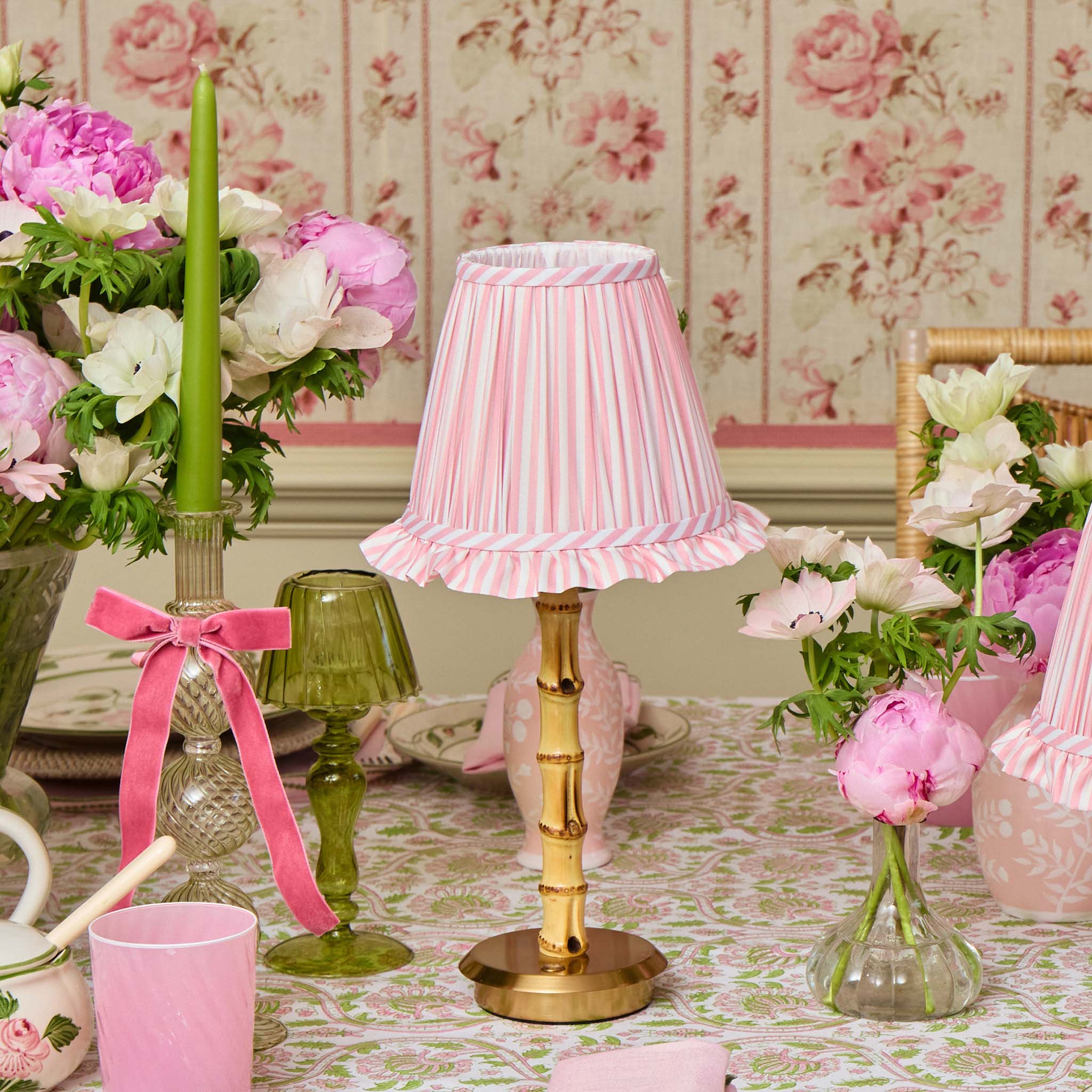 Bamboo Rechargeable Lamp with Pink Stripe Ruffle Shade (18cm) - Image 5