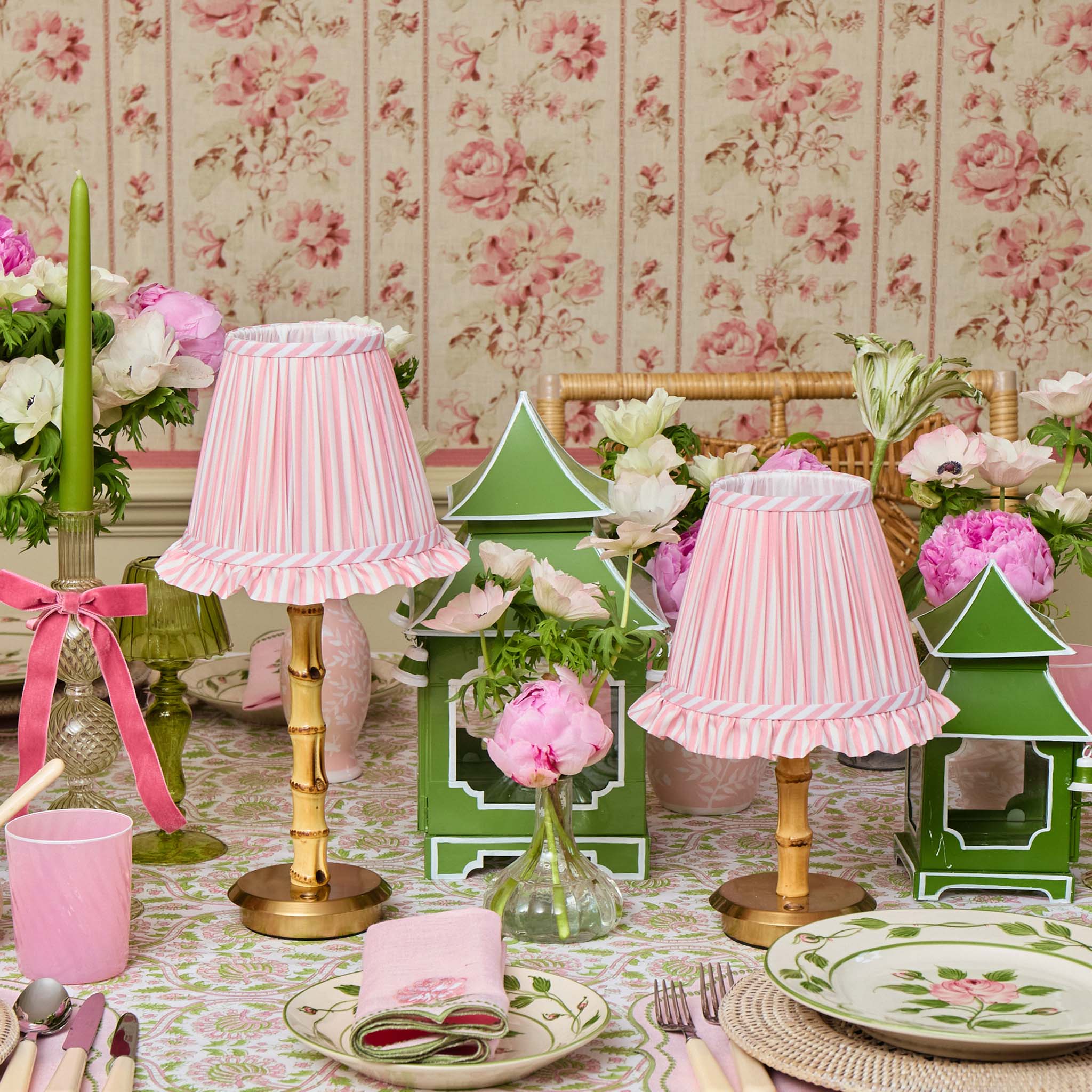 Bamboo Rechargeable Lamp with Pink Stripe Ruffle Shade (18cm) - Image 7