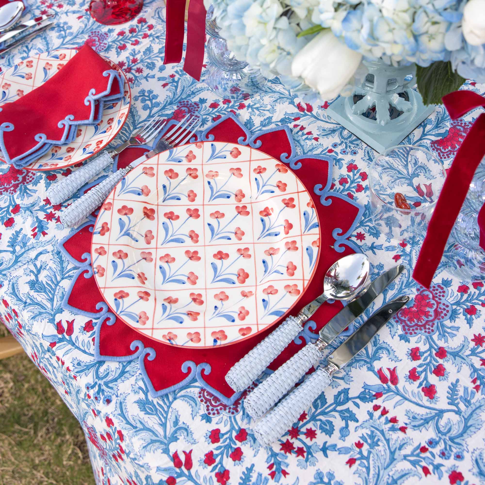 Blue & Red Floral Trellis Dinner Plates (Set of 4) - Image 7