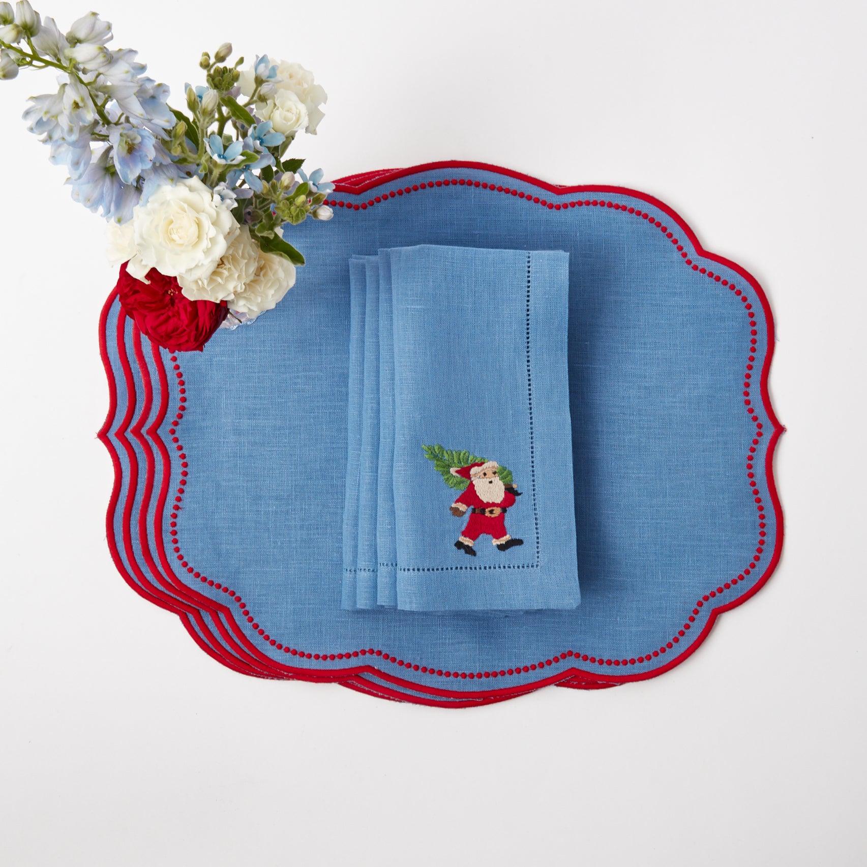 Blue & Red Hand Embroidered Father Christmas Napkins (Set of 4) - Image 14
