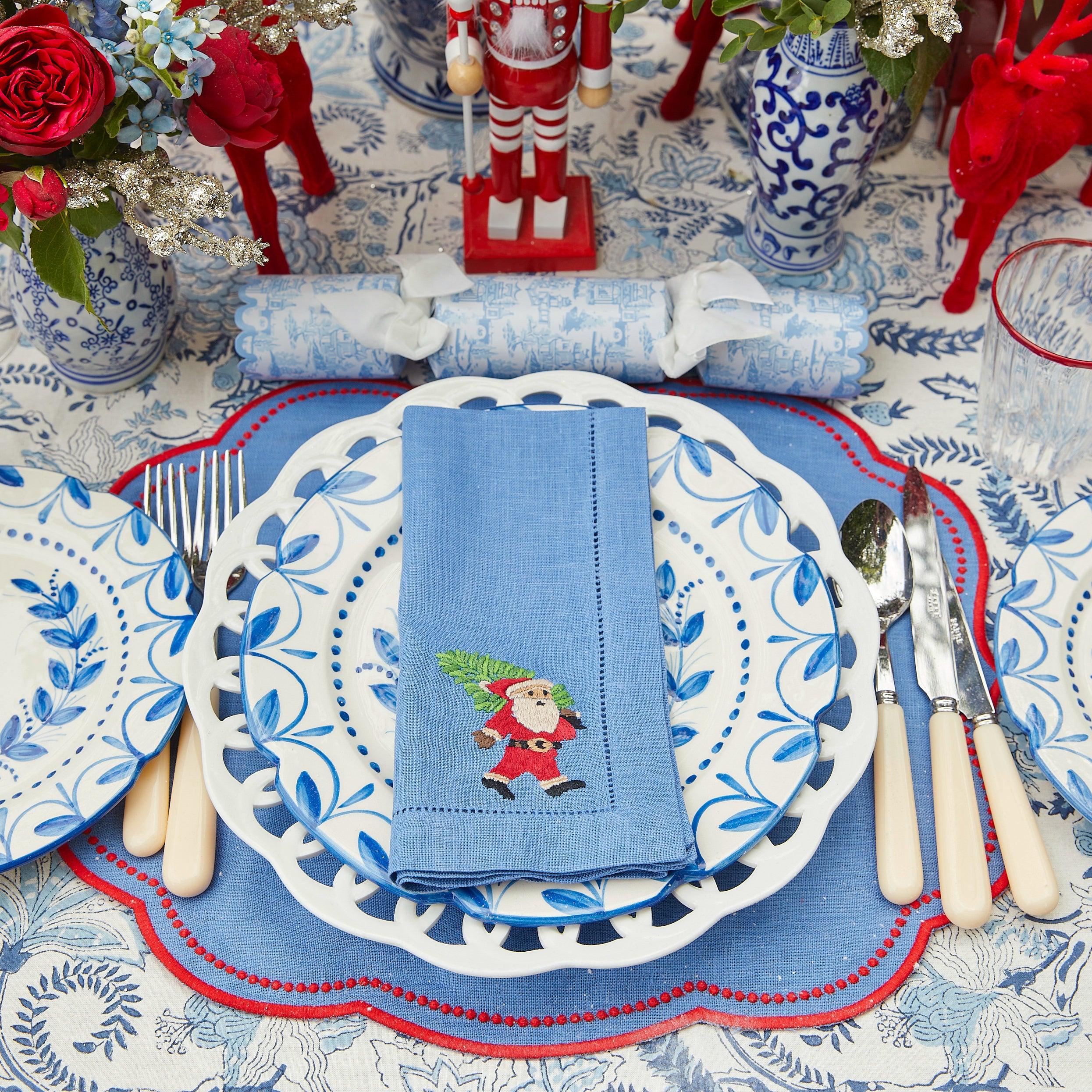 Blue & Red Hand Embroidered Father Christmas Napkins (Set of 4) - Image 15