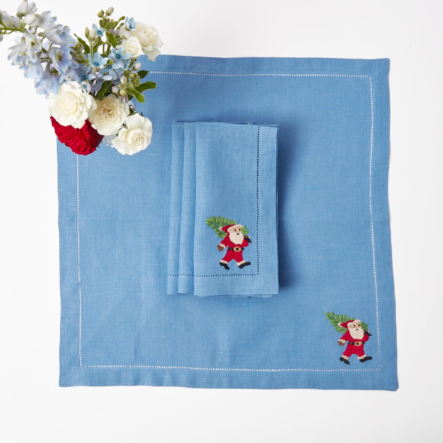 Blue & Red Hand Embroidered Father Christmas Napkins (Set of 4) - Image 7