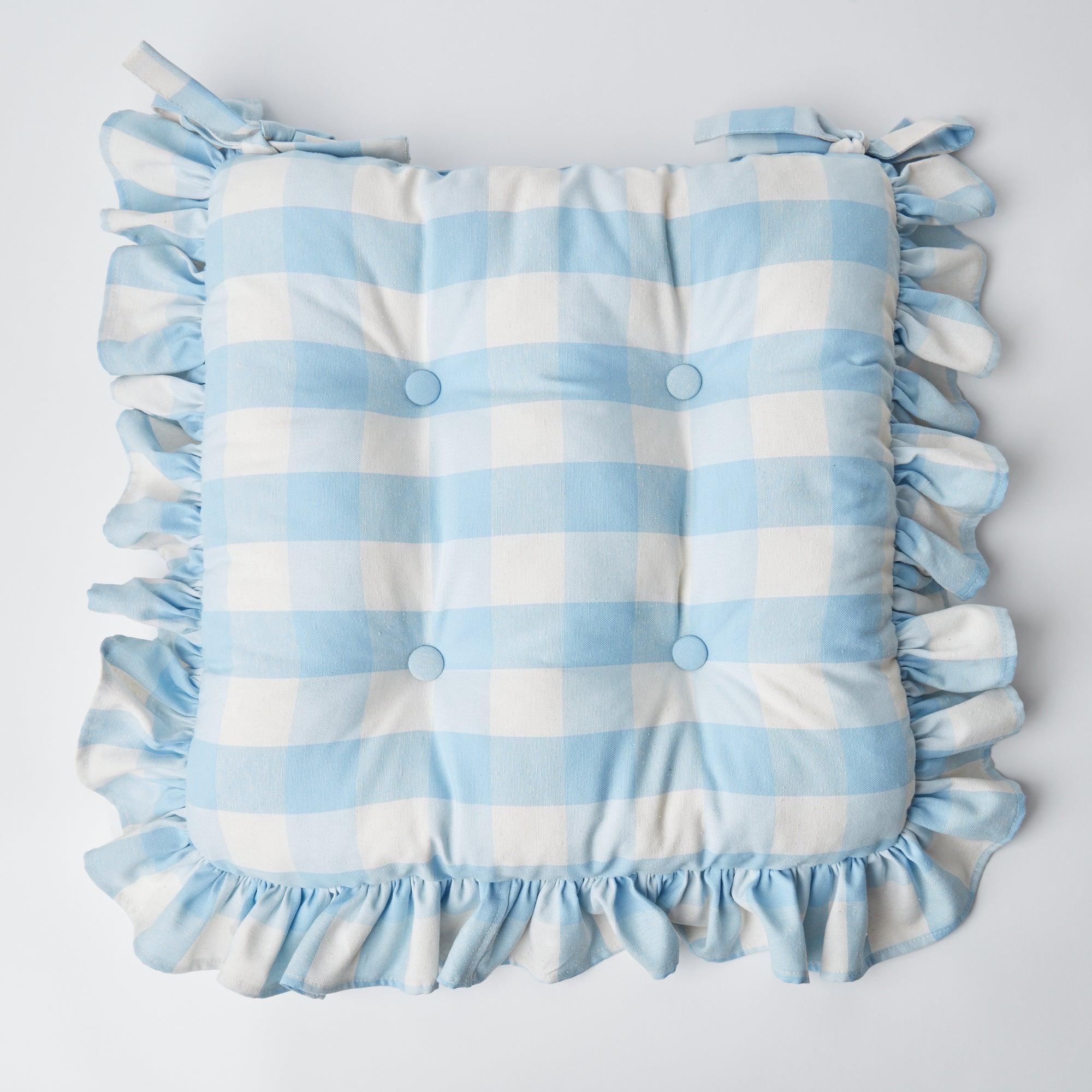 Blue Gingham Ruffle Seat Pad Cushion (Set of 4) - Image 5