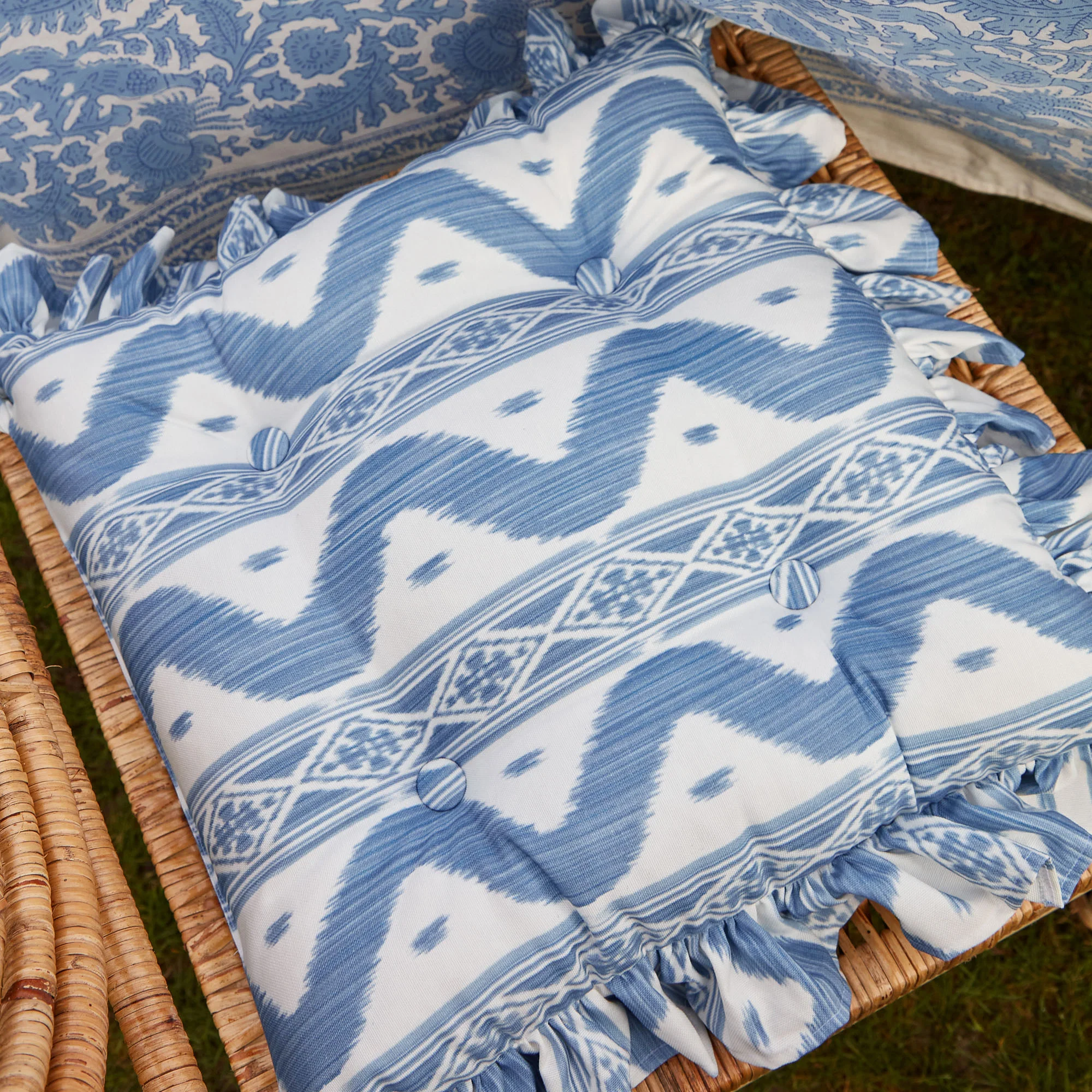 Frilled Blue Ikat Seat Pad Cushion - Image 5