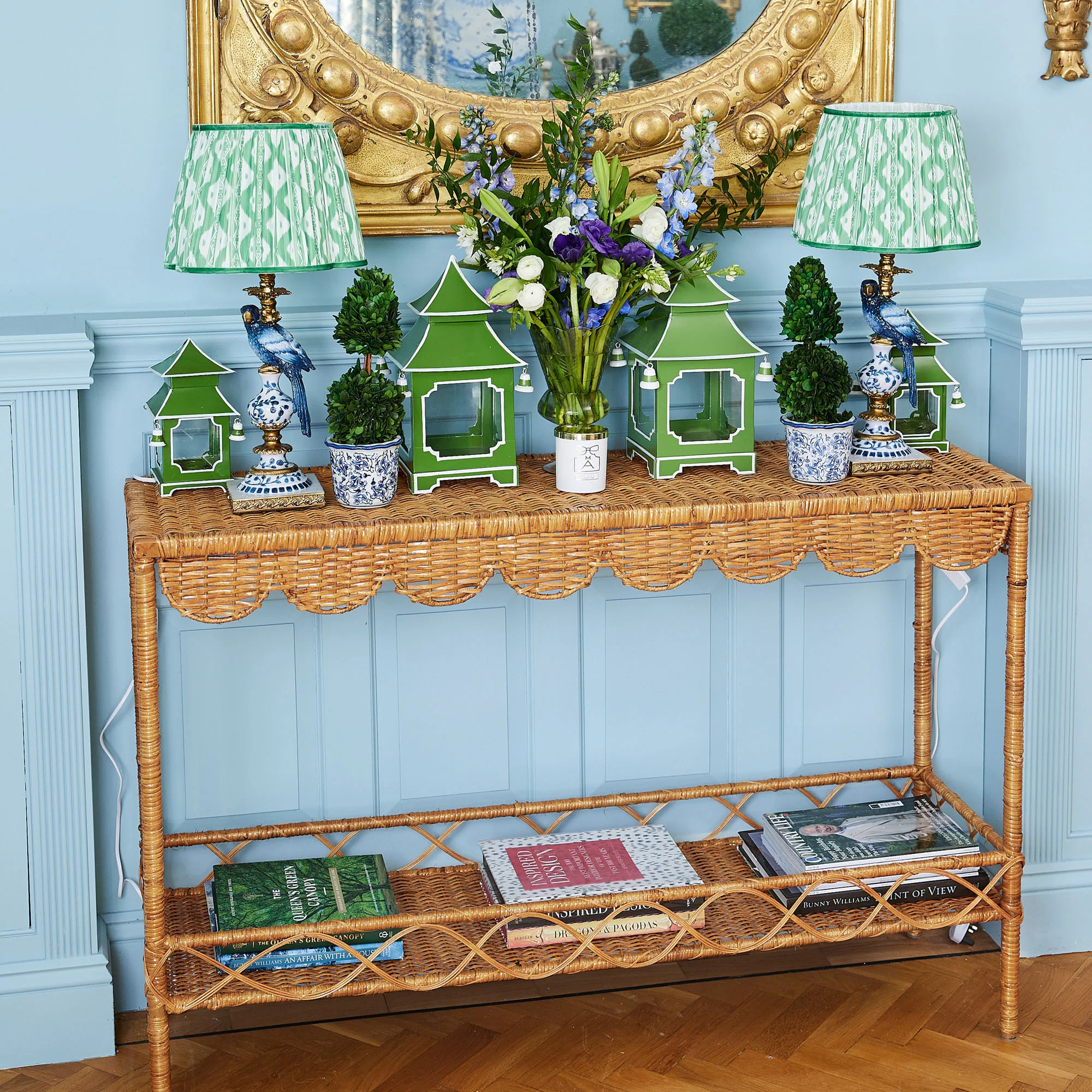 Blue Parrot Lamp with Green Ikat Shade (30cm) - Image 3