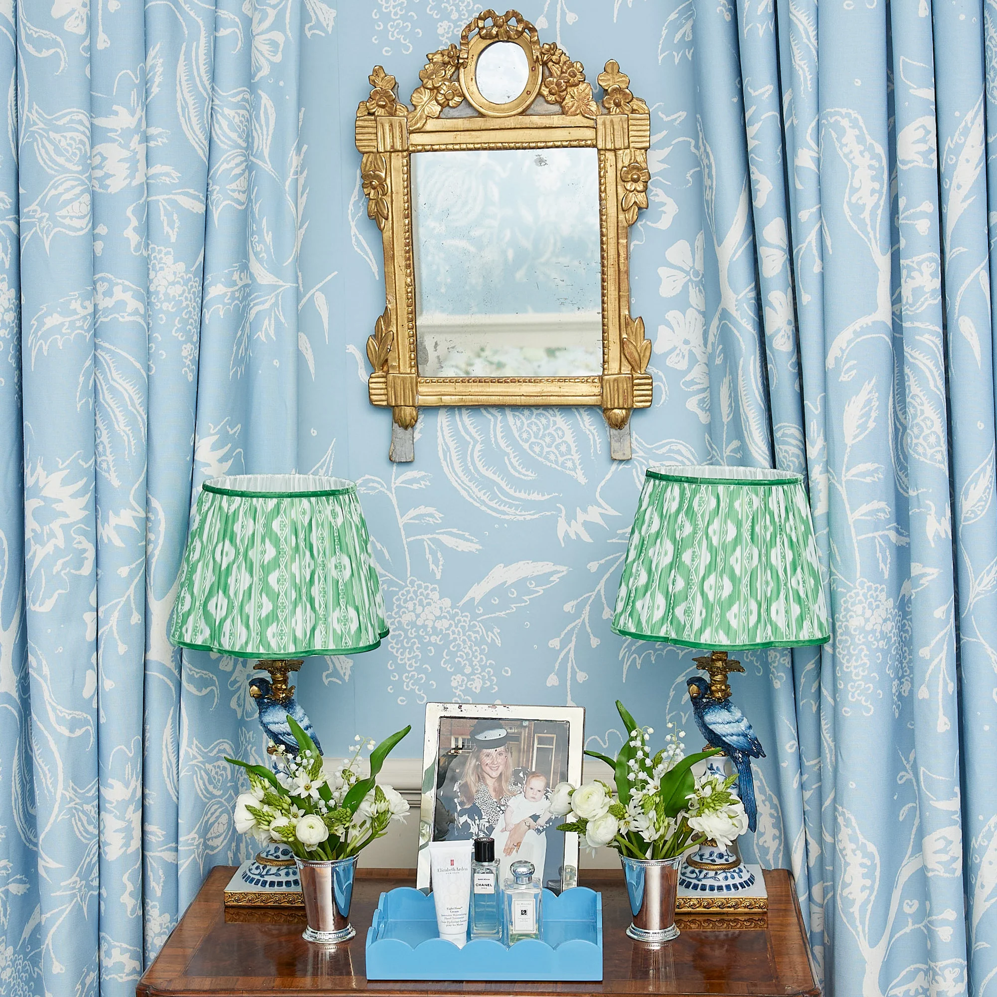 Blue Parrot Lamp with Green Ikat Shade (30cm) - Image 6
