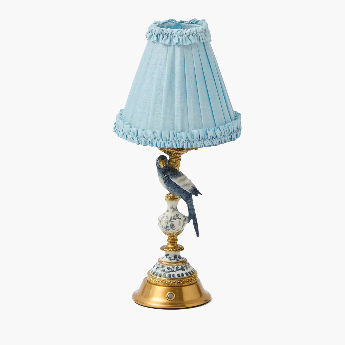 Blue Parrot Rechargeable Lamp with Soft Blue Silk Frilled Shade (18cm)