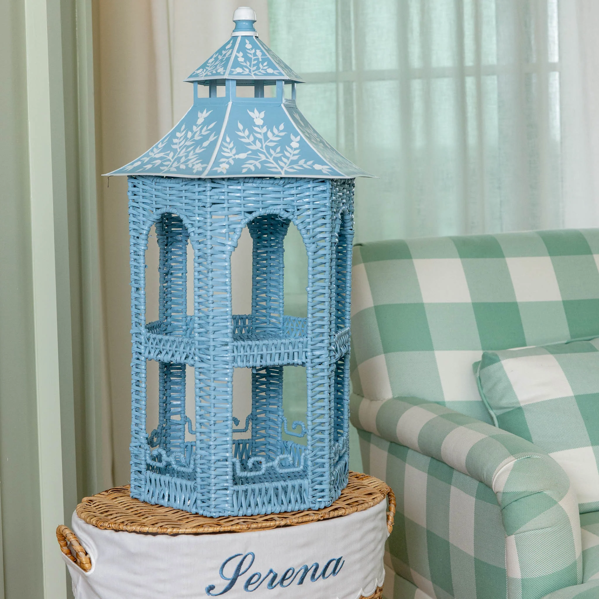 Blue Rattan & Tole Two Tier Pagoda Stand - Image 2