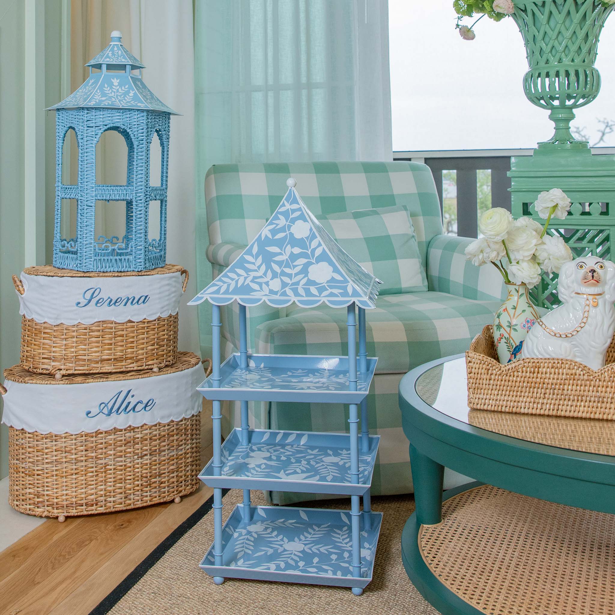 Blue Rattan & Tole Two Tier Pagoda Stand - Image 7