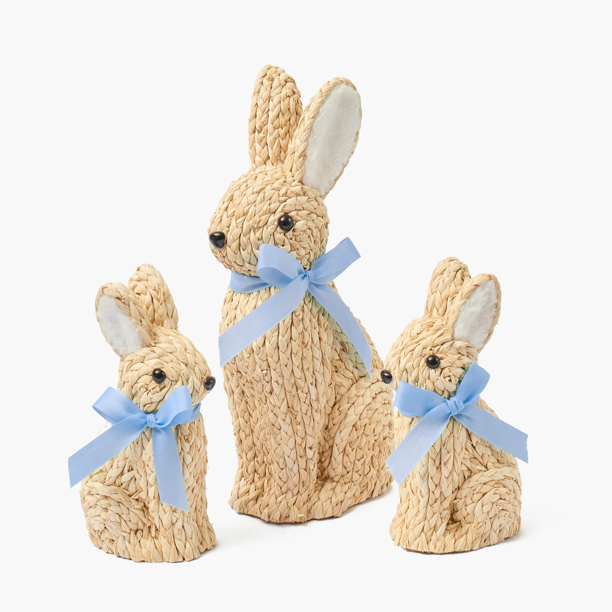 Blue Ribbonned Raffia Rabbit Family