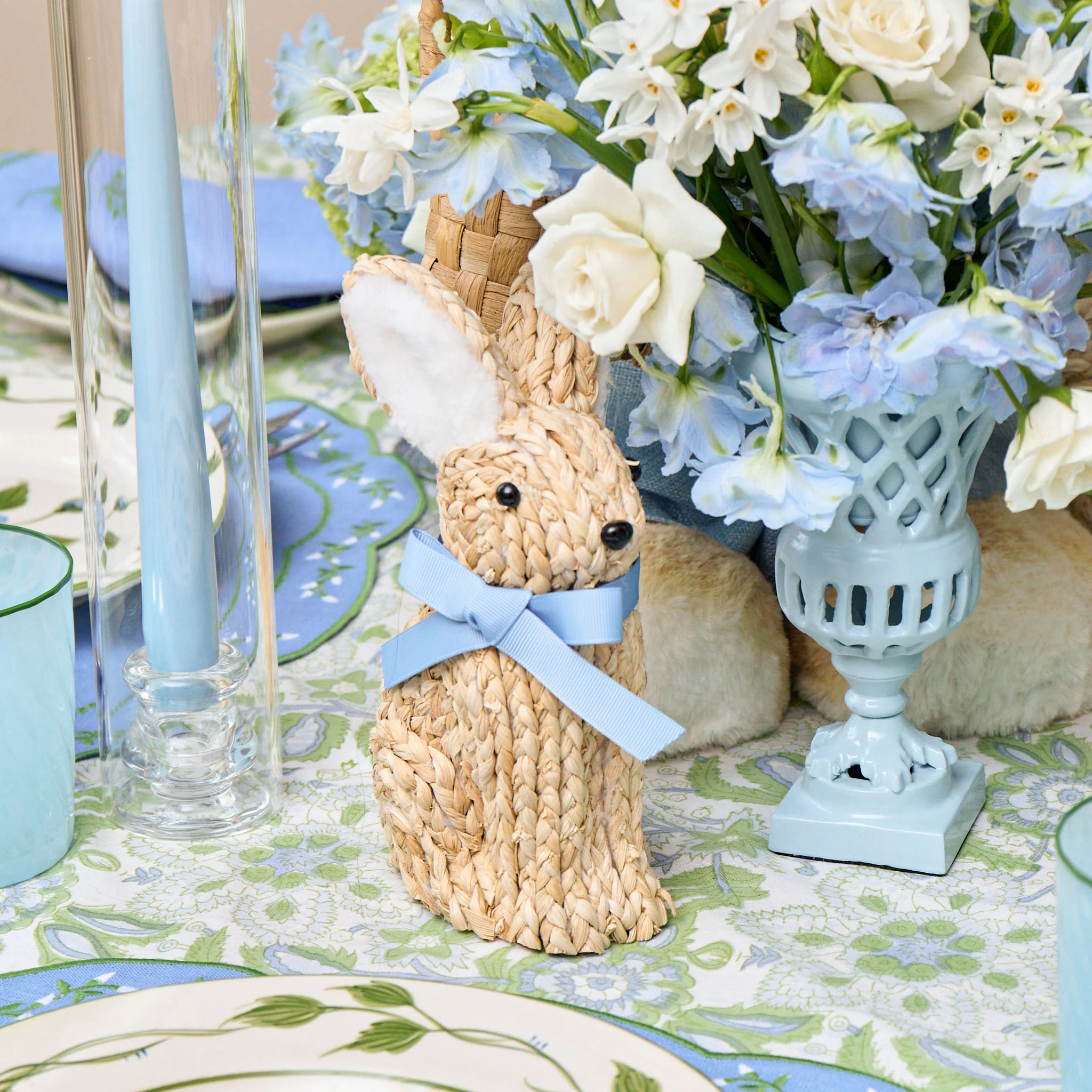 Blue Ribbonned Raffia Rabbit Family - Image 3