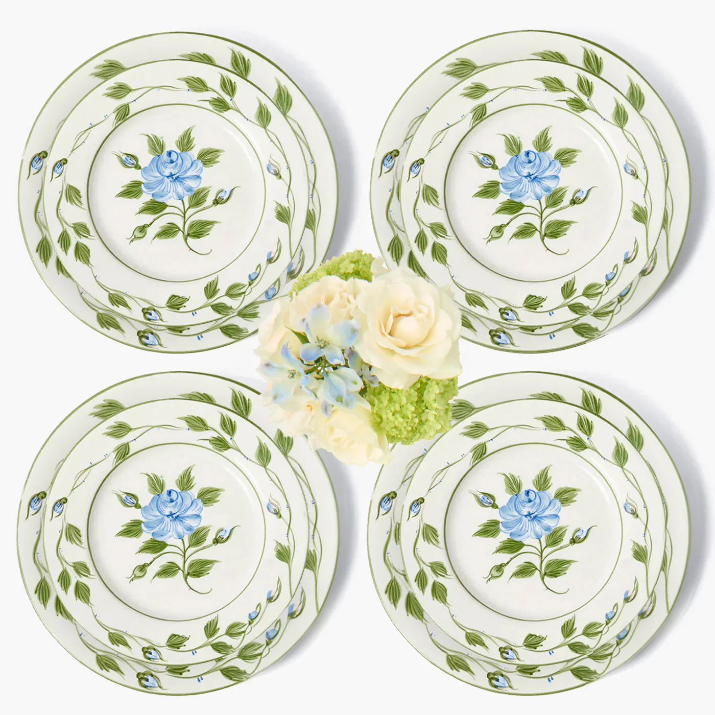 Blue Rose Bud Dinner & Starter Plates (Set of 8)