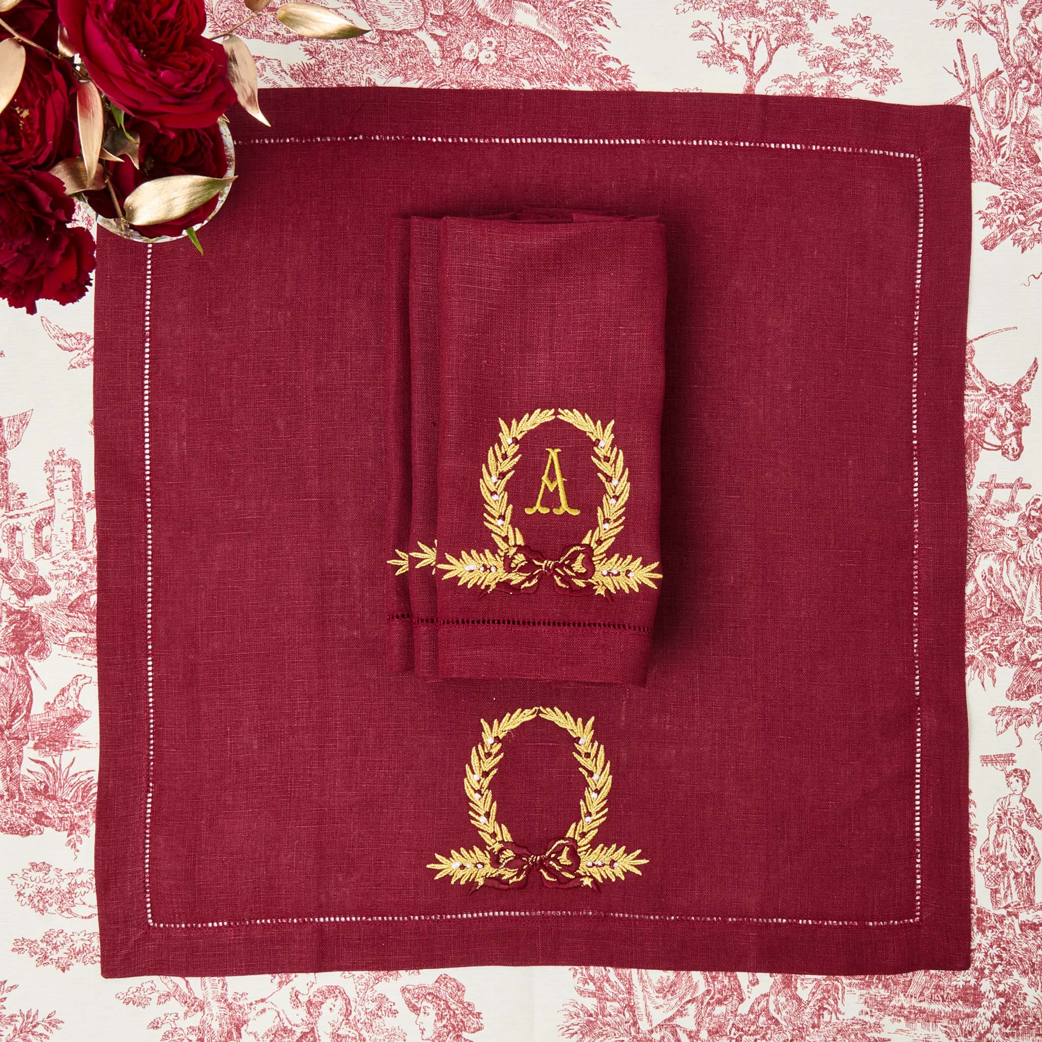 Burgundy Linen Placemats & Gold Bow Garland Napkins (Set of 4) - Image 8