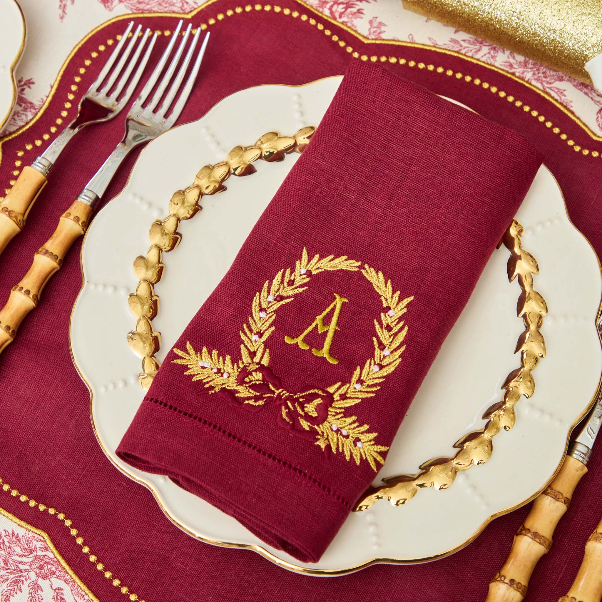 Burgundy Linen Placemats & Gold Bow Garland Napkins (Set of 4) - Image 9