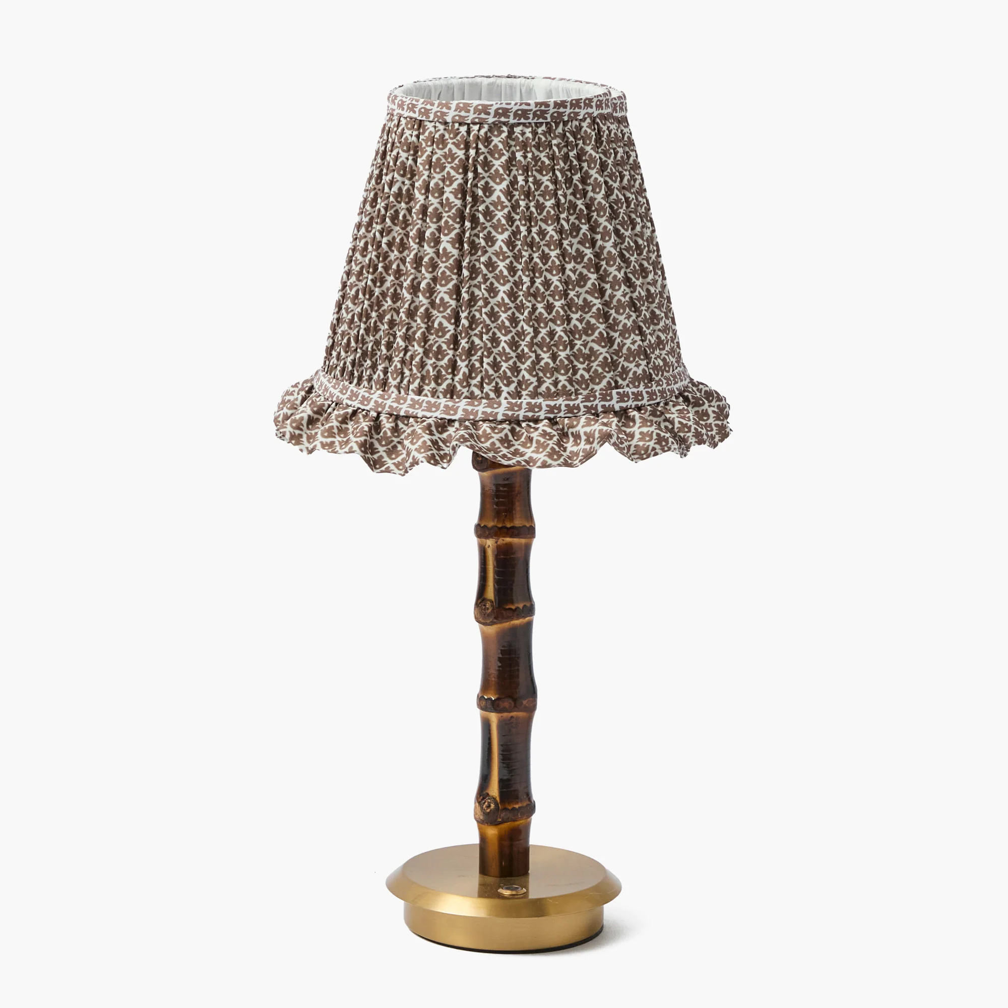 Burnt Bamboo Rechargeable Lamp with Chocolate Lotus Ruffle Shade (18cm)