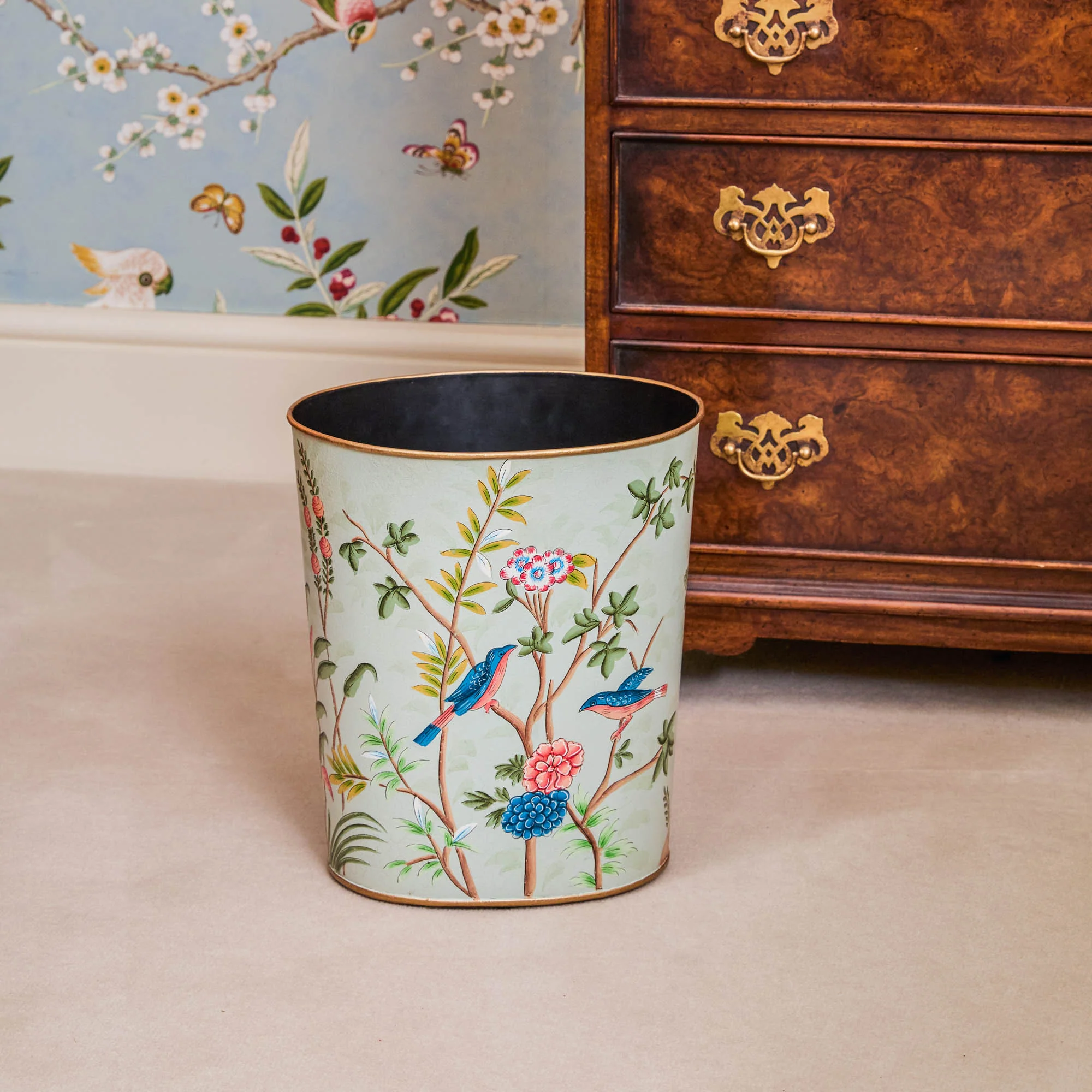 Green Chinoiserie Oval Tole Waste Paper Bin - Image 2