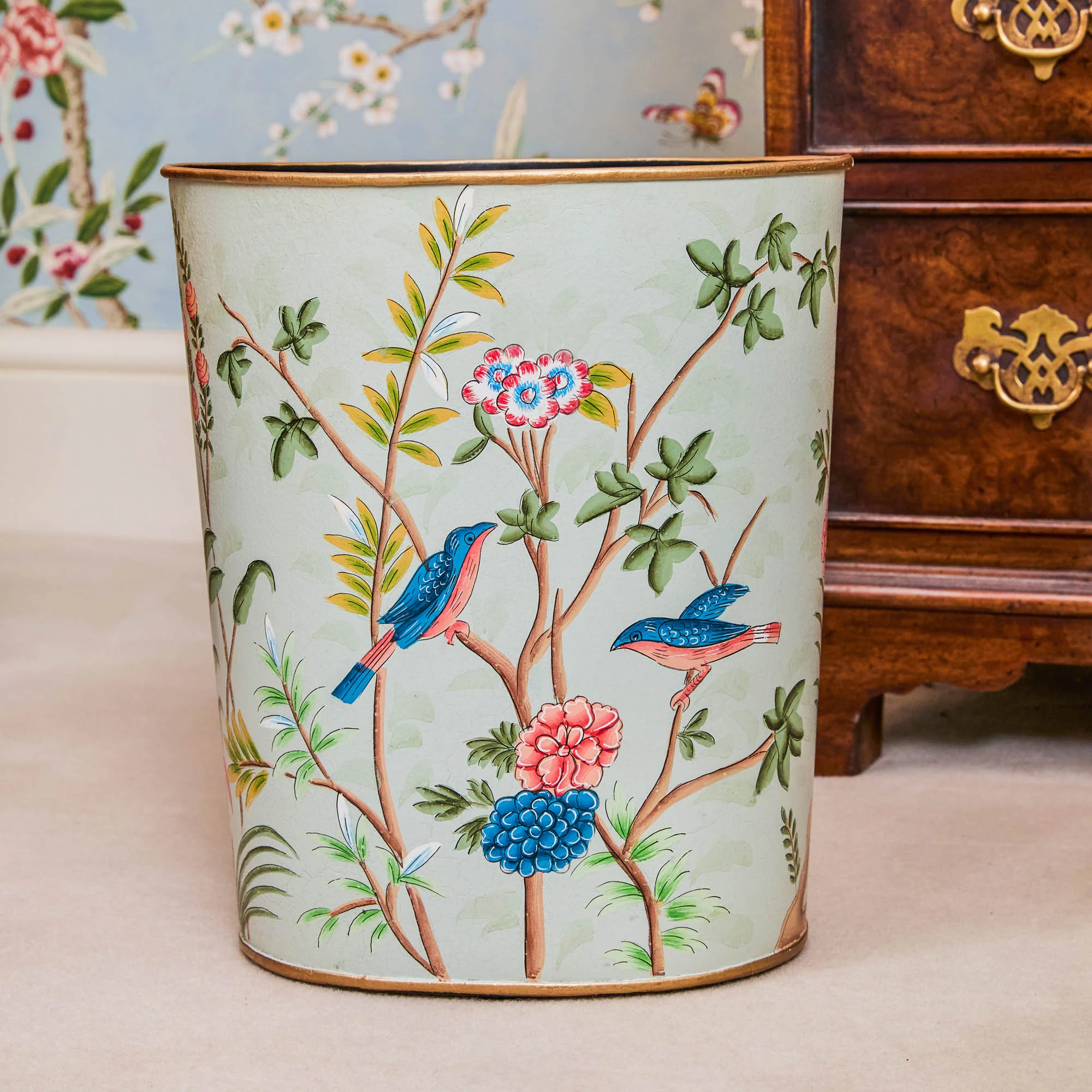 Green Chinoiserie Oval Tole Waste Paper Bin - Image 3