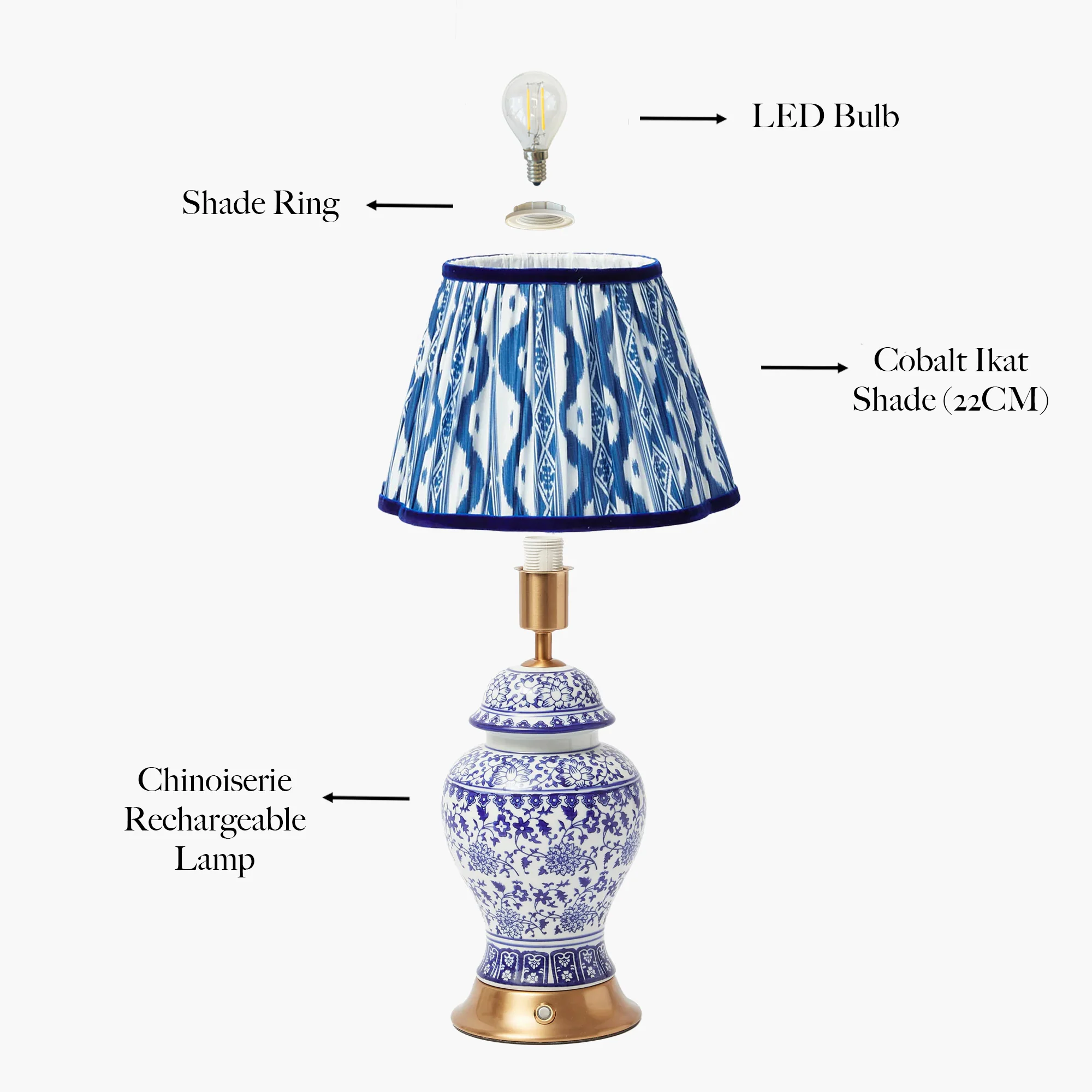 Chinoiserie Rechargeable Lamp with Cobalt Ikat Shade (22cm) - Image 13