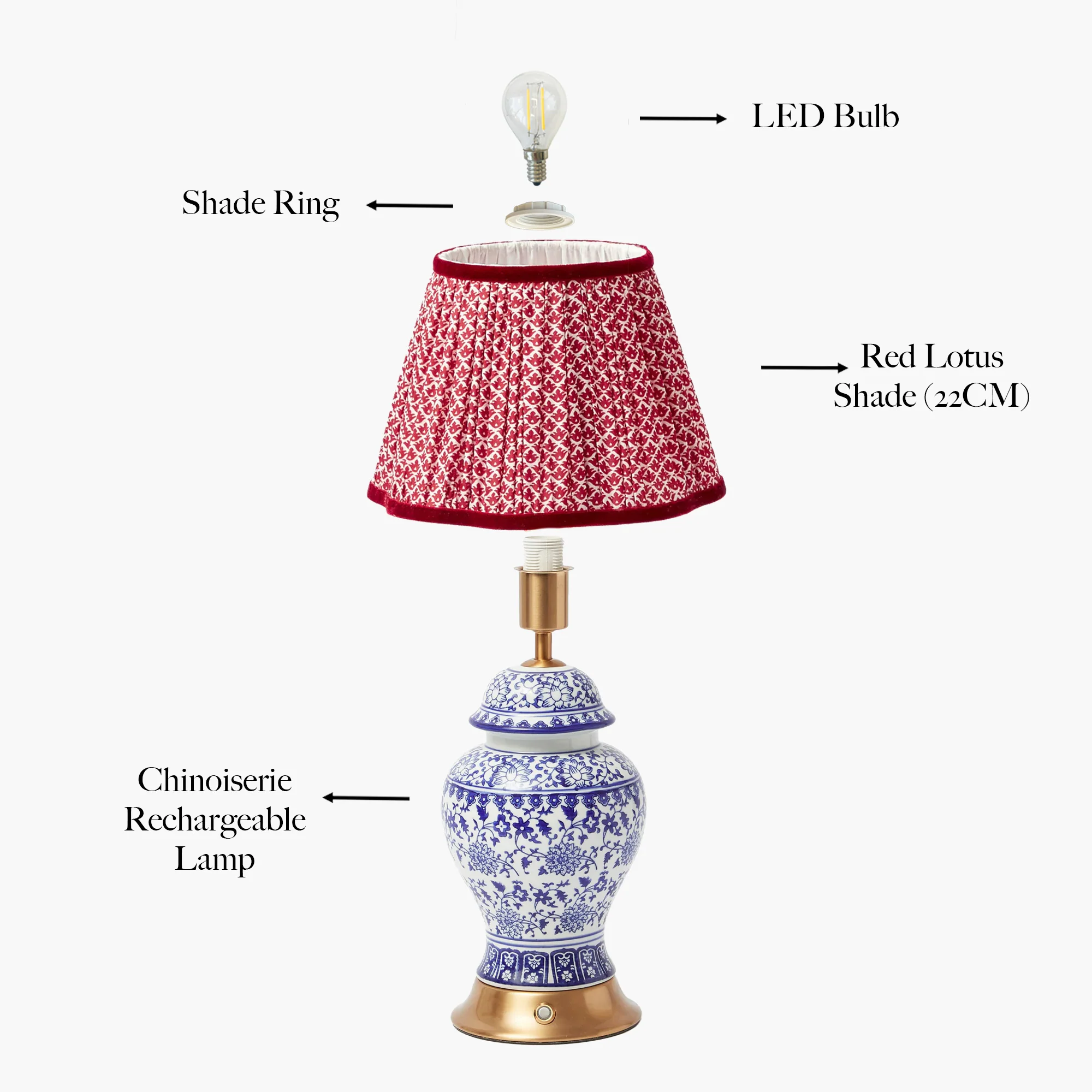 Chinoiserie Rechargeable Lamp with Red Lotus Shade (22cm) - Image 4