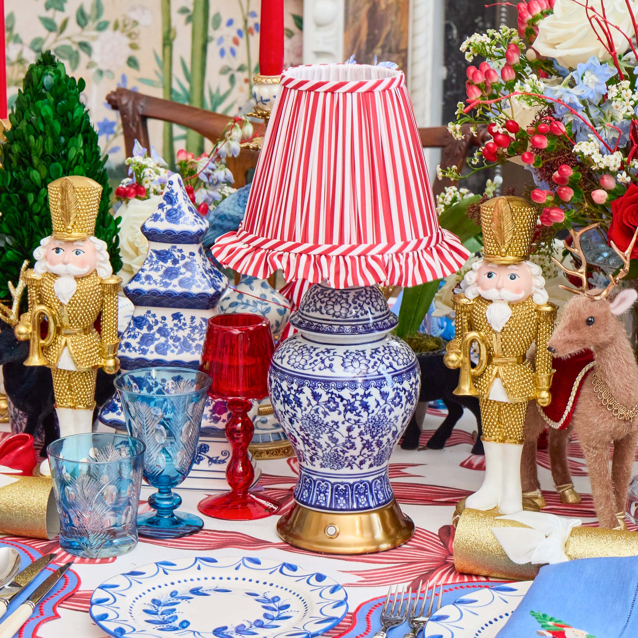 Chinoiserie Rechargeable Lamp with Red Striped Ruffle Shade (18cm) - Image 2