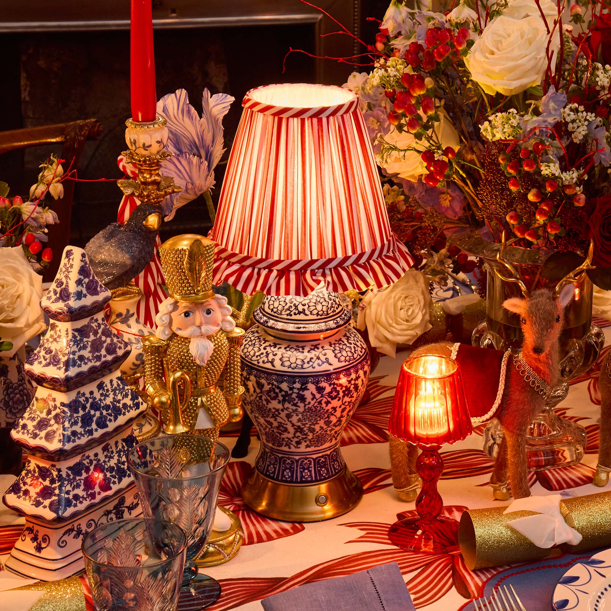 Chinoiserie Rechargeable Lamp with Red Striped Ruffle Shade (18cm) - Image 5
