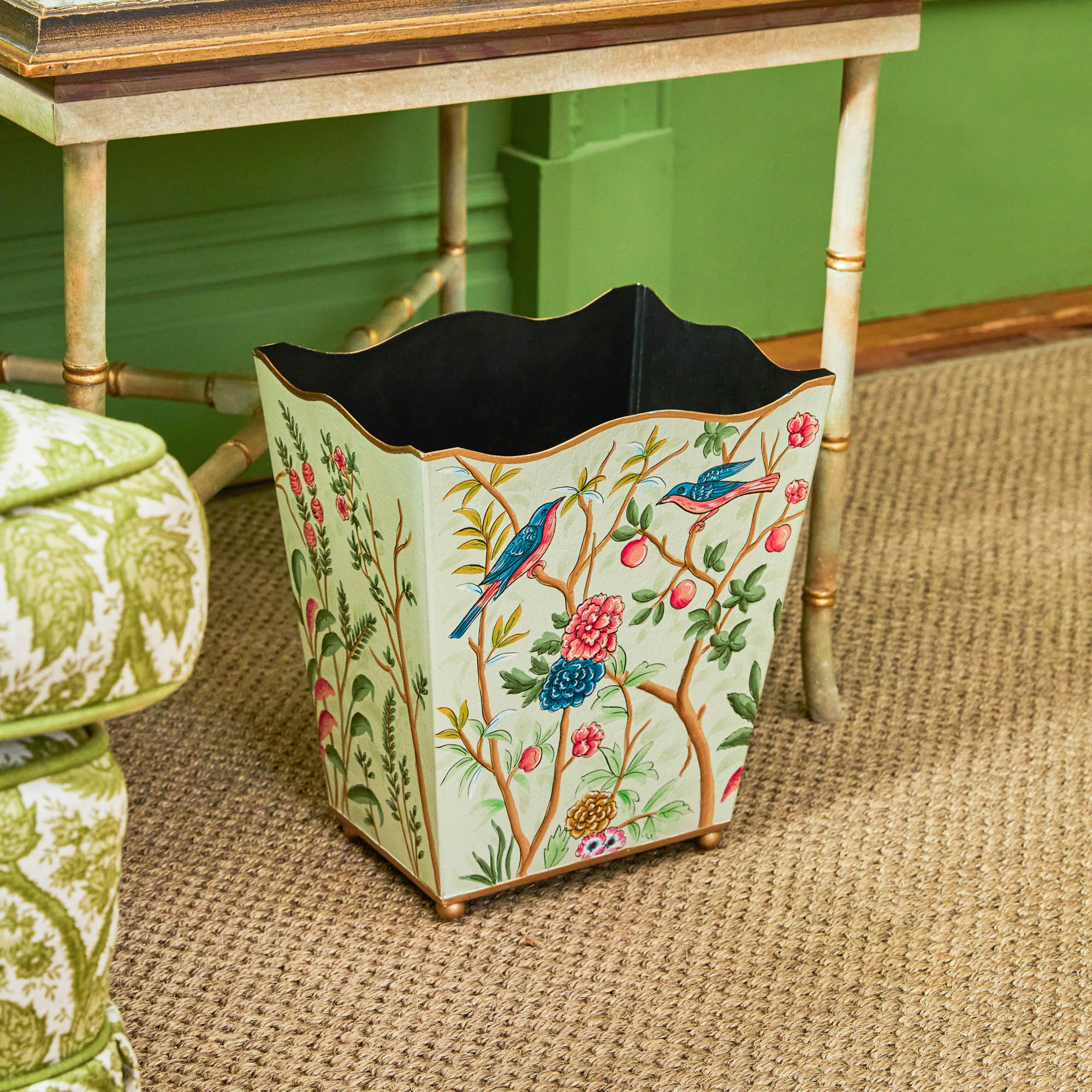 Green Chinoiserie Tole Waste Paper Bin - Image 6