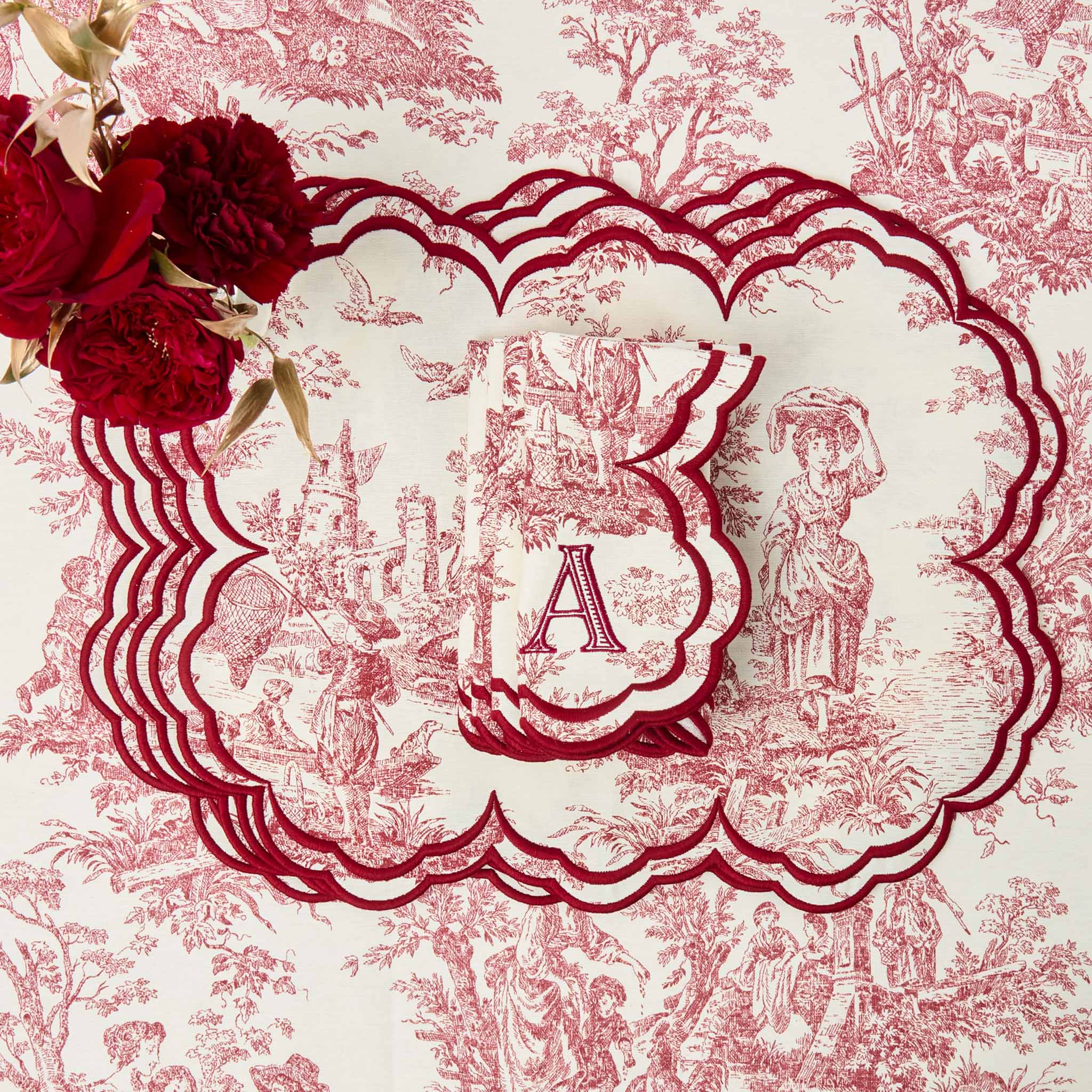 Claudette Burgundy Toile Placemats & Napkins (Set of 4) - Image 2