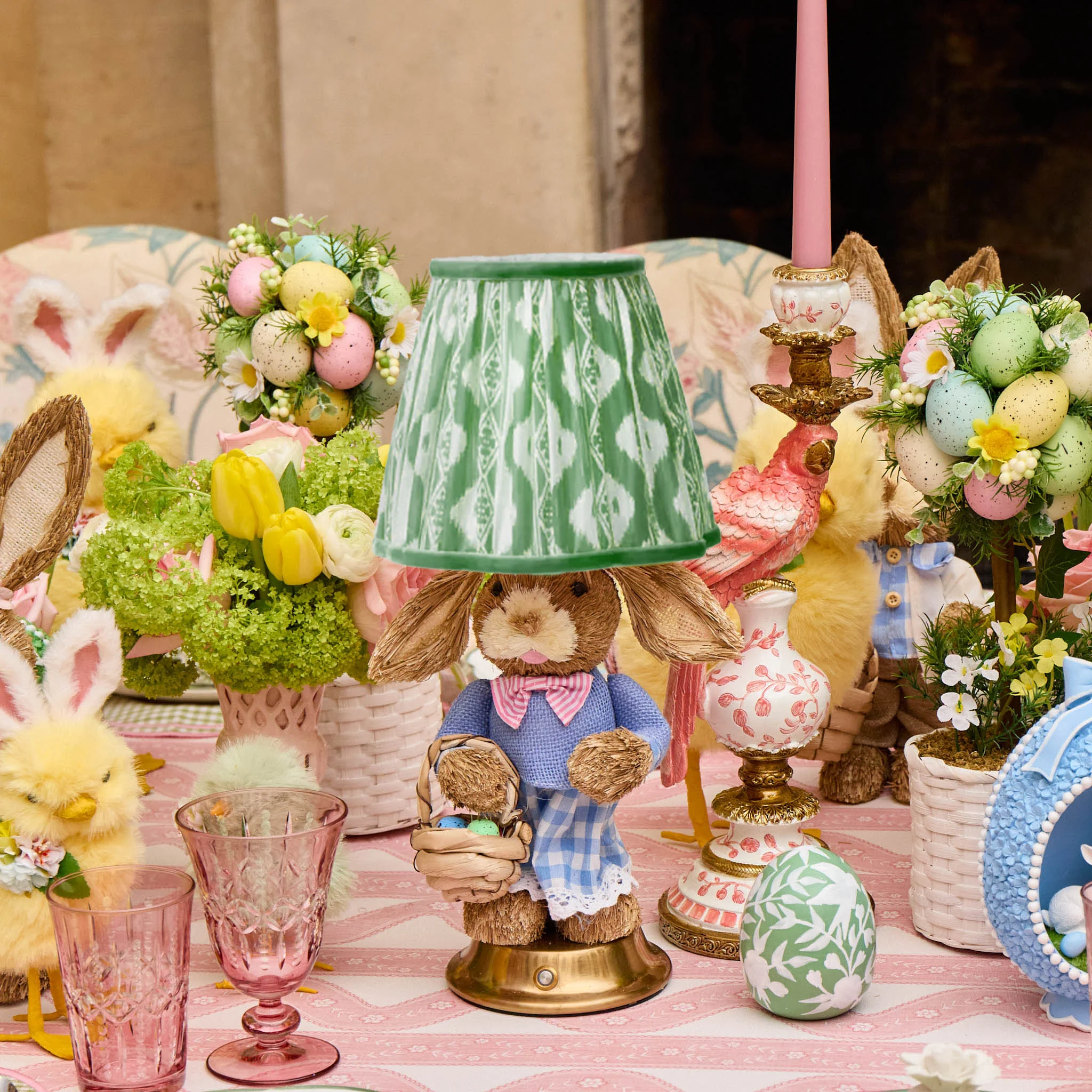 Easter Bunny Rechargeable Lamp with Green Ikat Shade (18cm) - Image 2