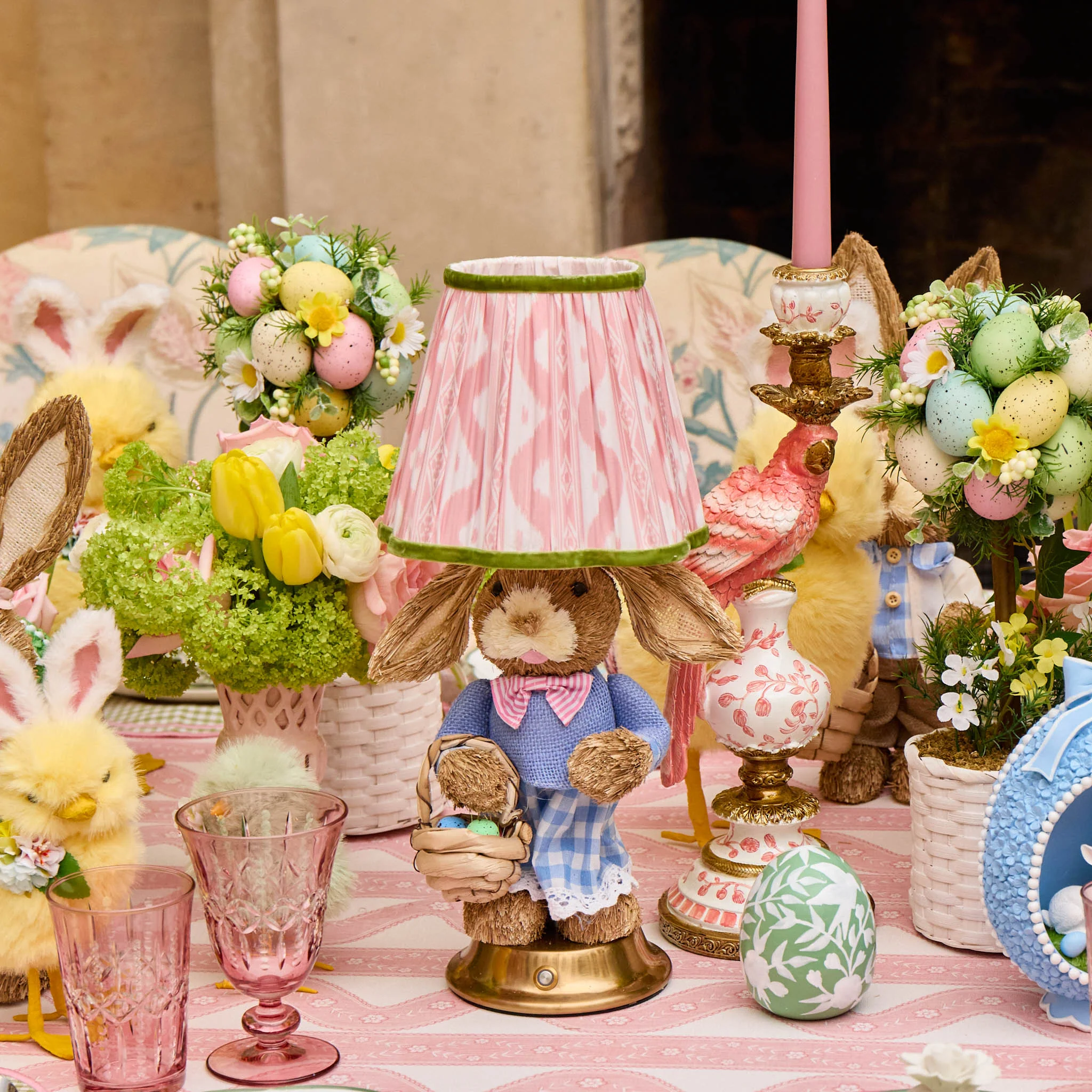 Easter Bunny Rechargeable Lamp with Pink & Green Ikat Shade (18cm) - Image 2