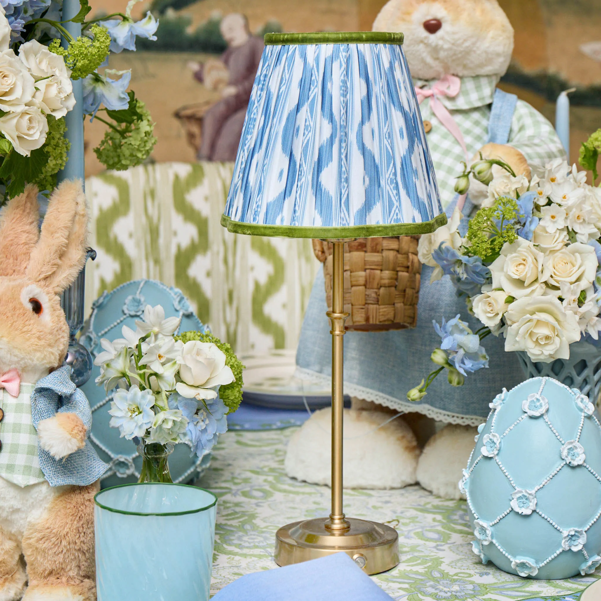 Edie Rechargeable Lamp with Blue & Green Ikat Shade (18cm) - Image 2