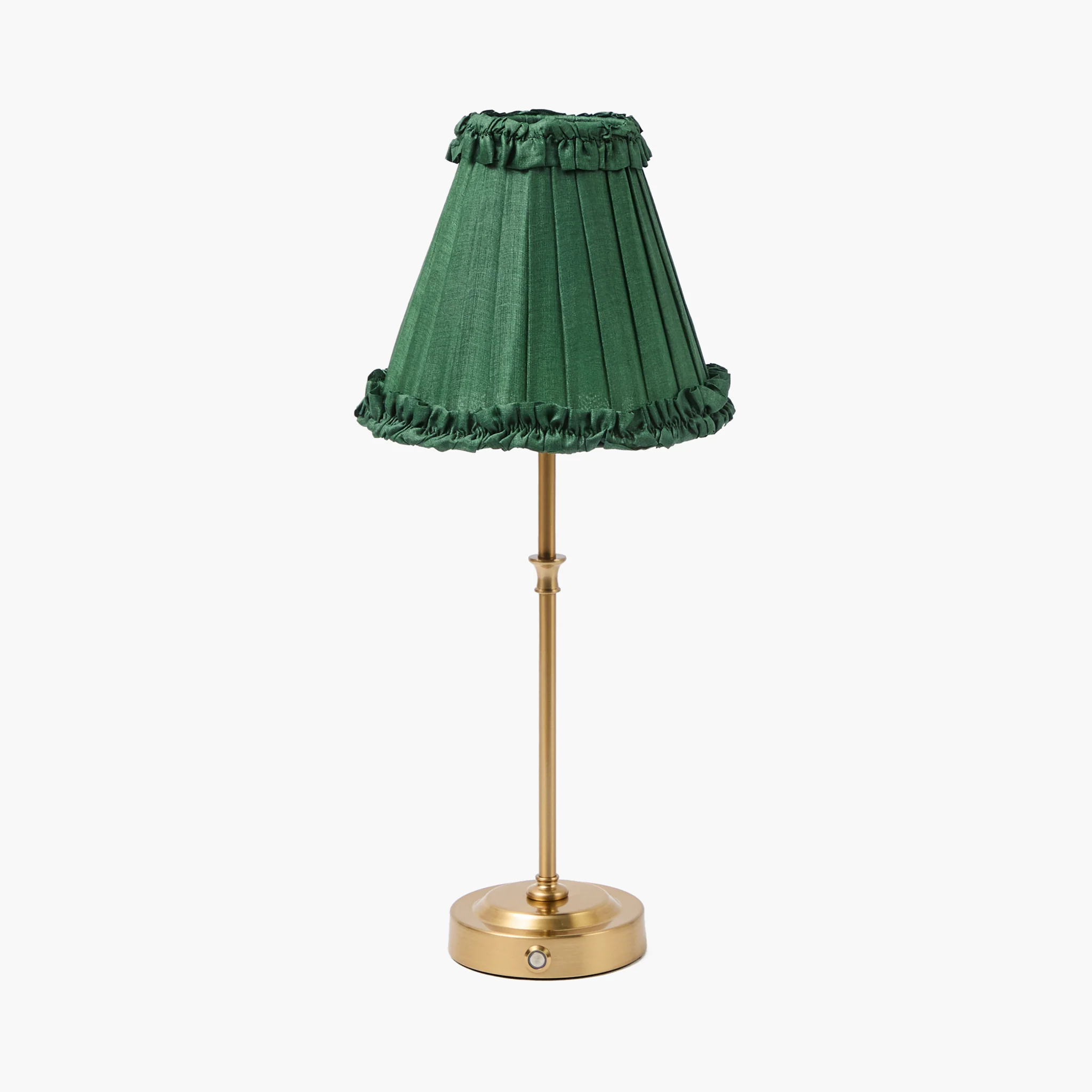 Edie Rechargeable Lamp with Forest Green Frilled Silk Shade (18cm)