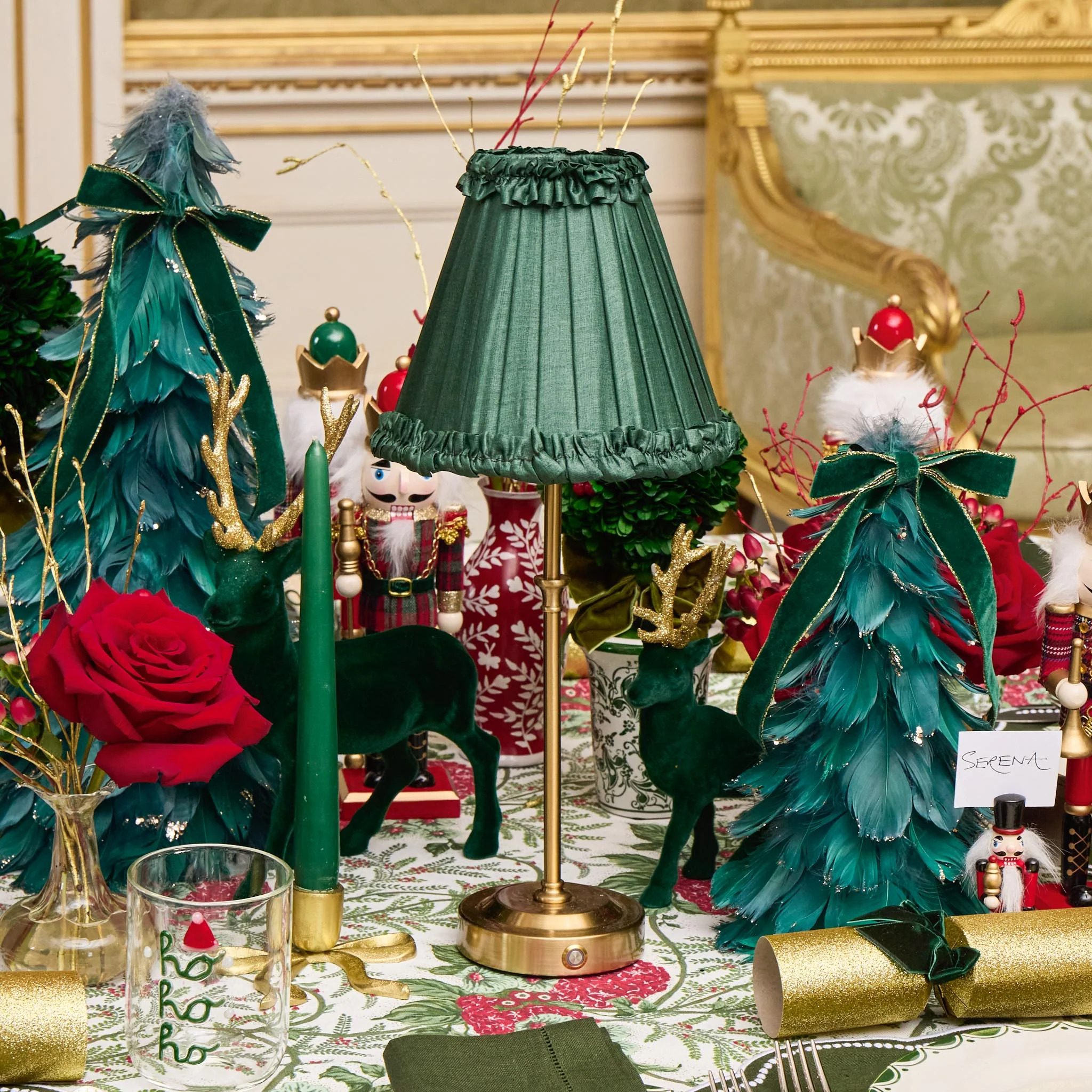 Edie Rechargeable Lamp with Forest Green Frilled Silk Shade (18cm) - Image 2