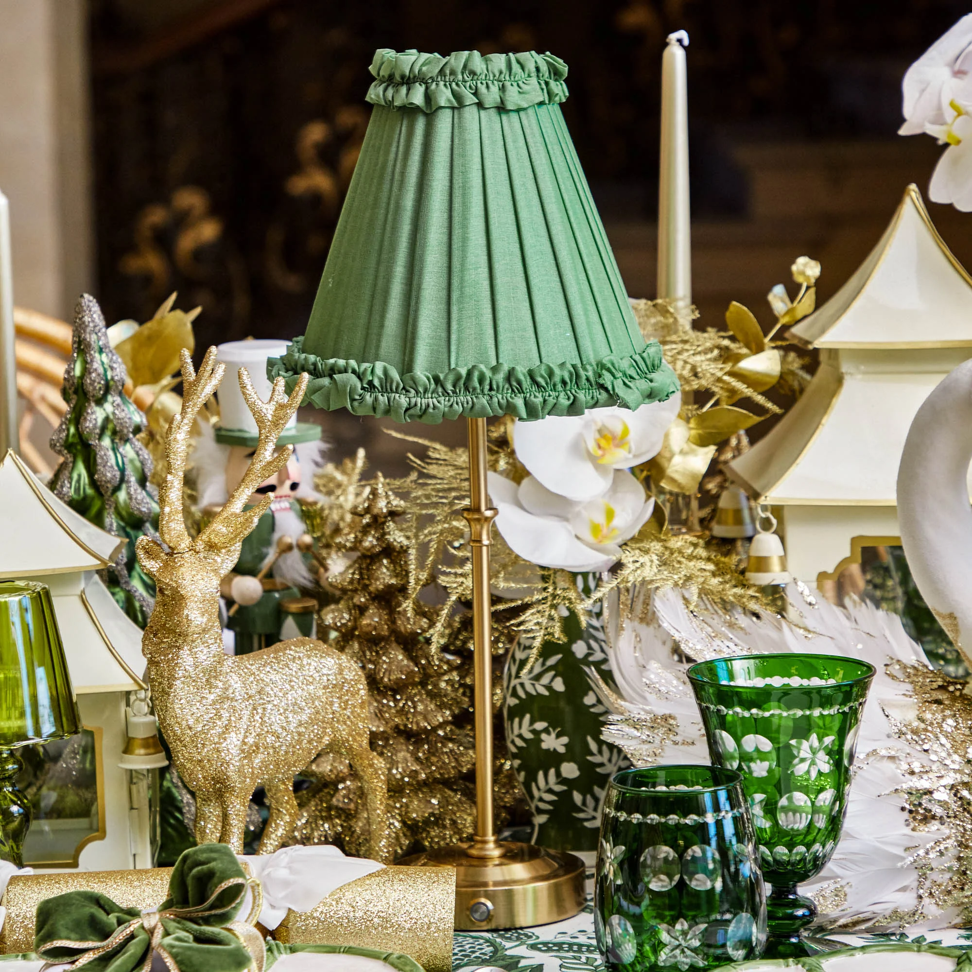 Edie Rechargeable Lamp with Green Frilled Silk Shade (18cm) - Image 2