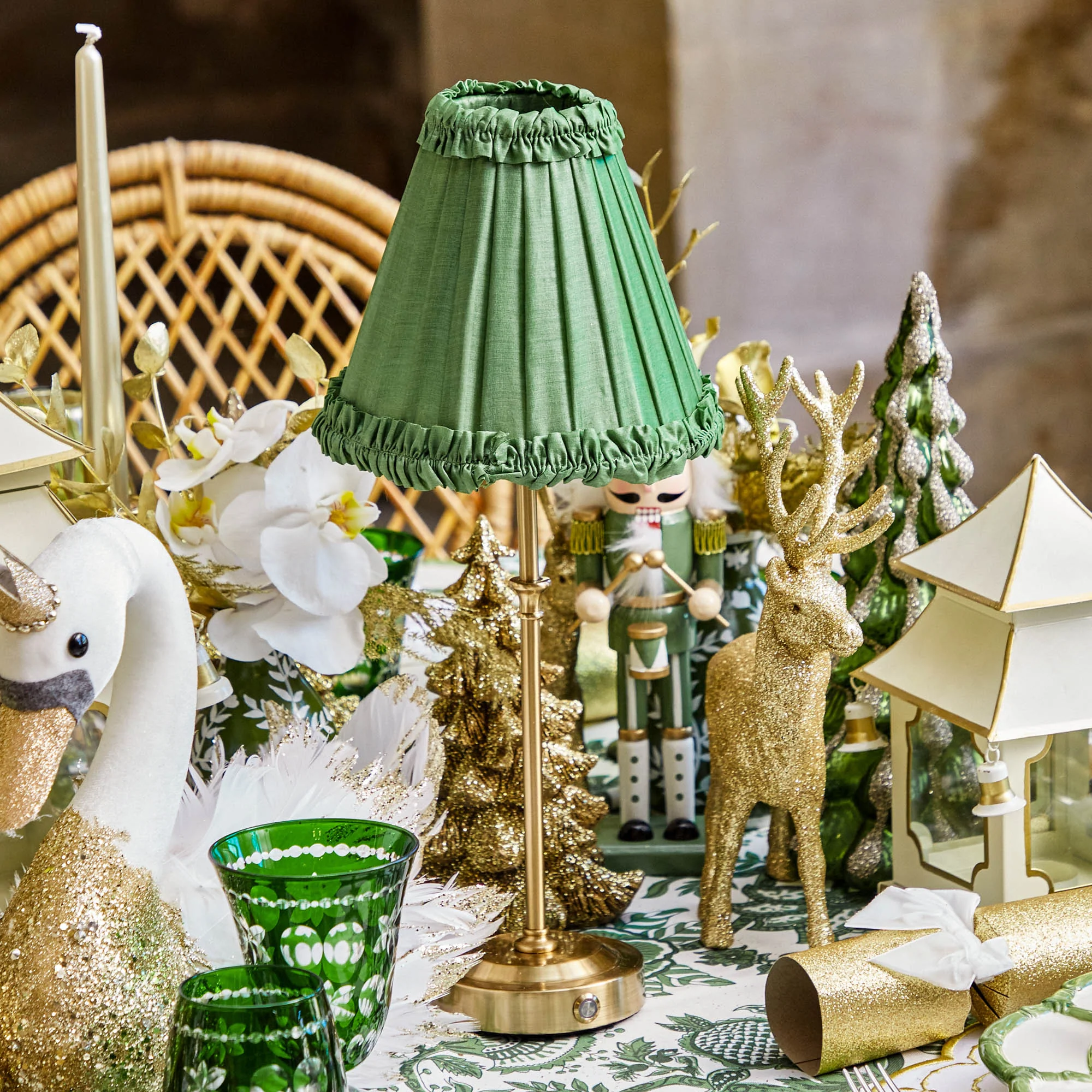 Edie Rechargeable Lamp with Green Frilled Silk Shade (18cm) - Image 6