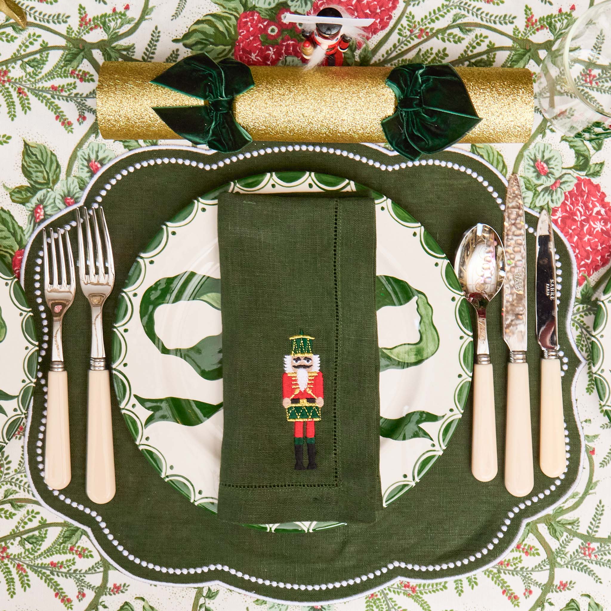 Forest Green Linen Embroidered Nutcracker Napkins (Set of 4) - Image 2