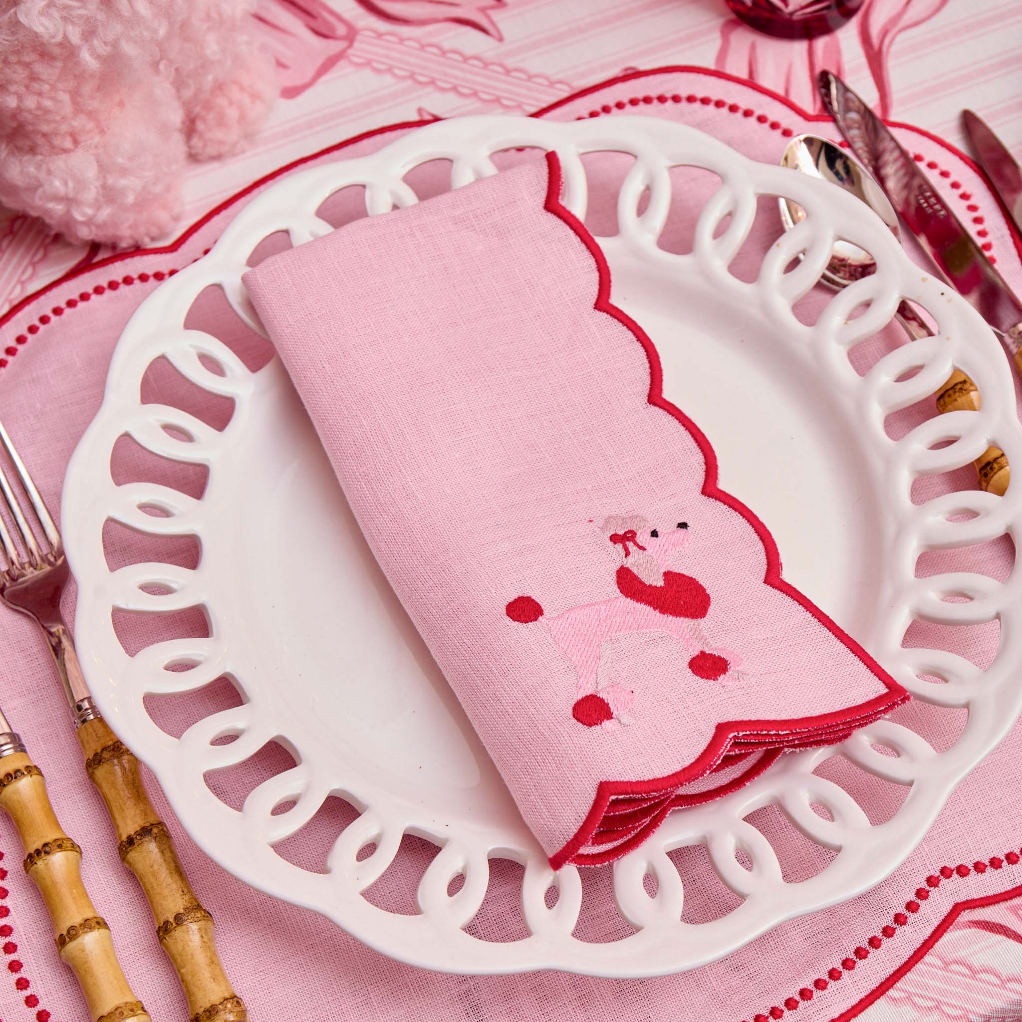 Eloise Pink & Red Linen Placemats & Fifi Poodle Napkins (Set of 4) - Image 11