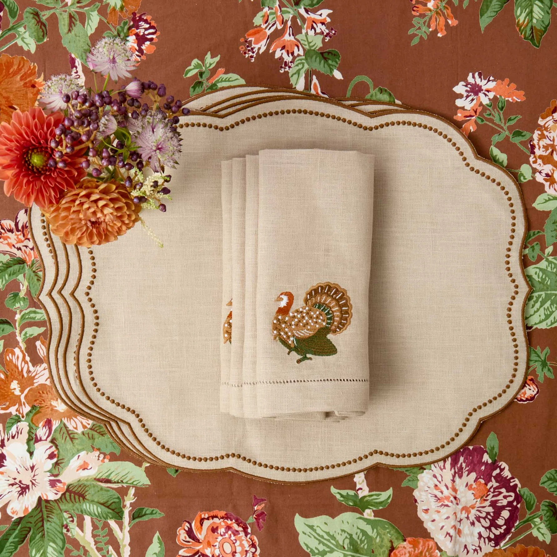 Eloise Taupe & Chocolate Linen Placemats & Turkey Napkins (Set of 4) - Image 2
