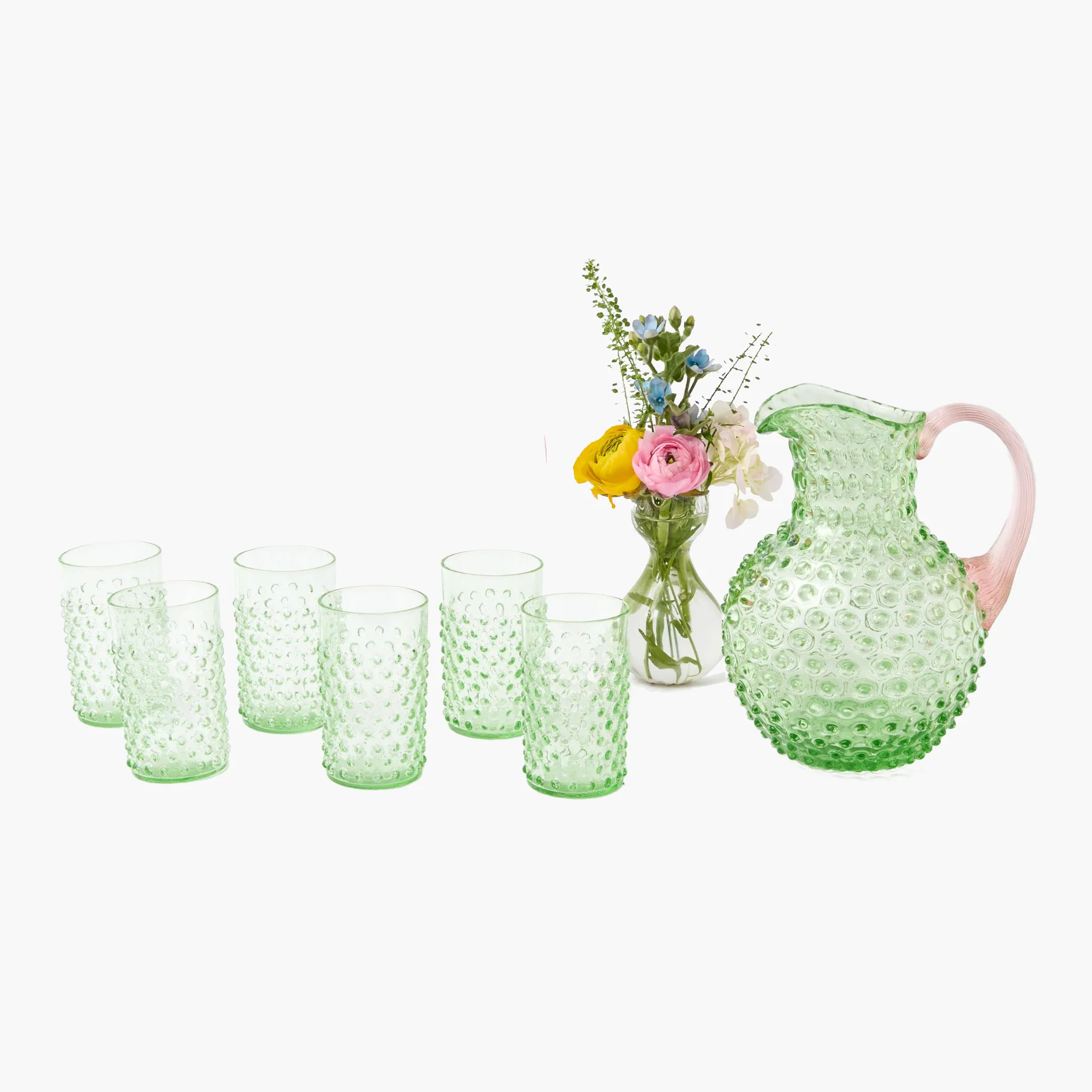 Emerald Hobnail Jug with Rose Handle & Glasses (set of 6) - Image 6