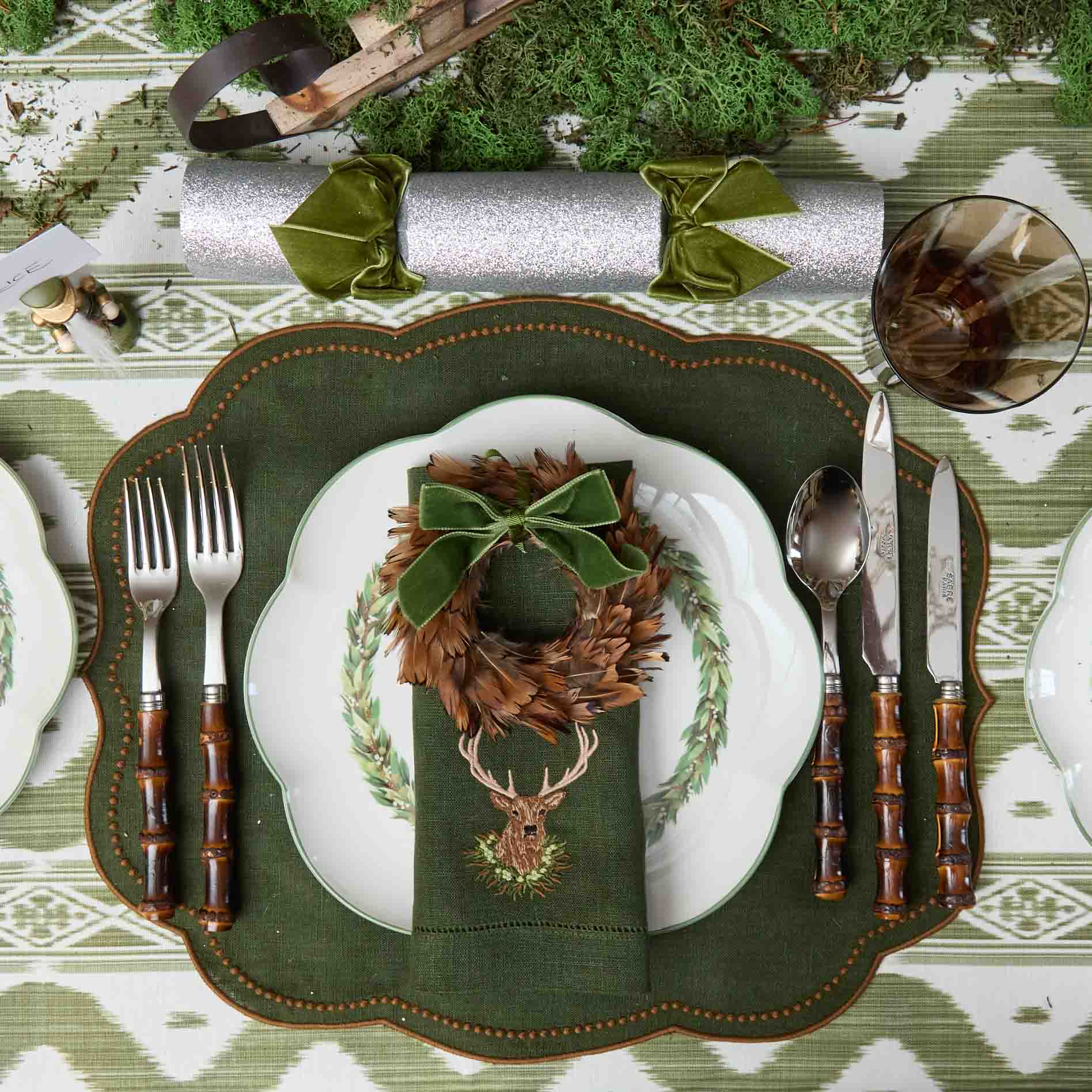 Feather Wreaths with Forest Green Velvet Bows (Set of 4) - Image 4