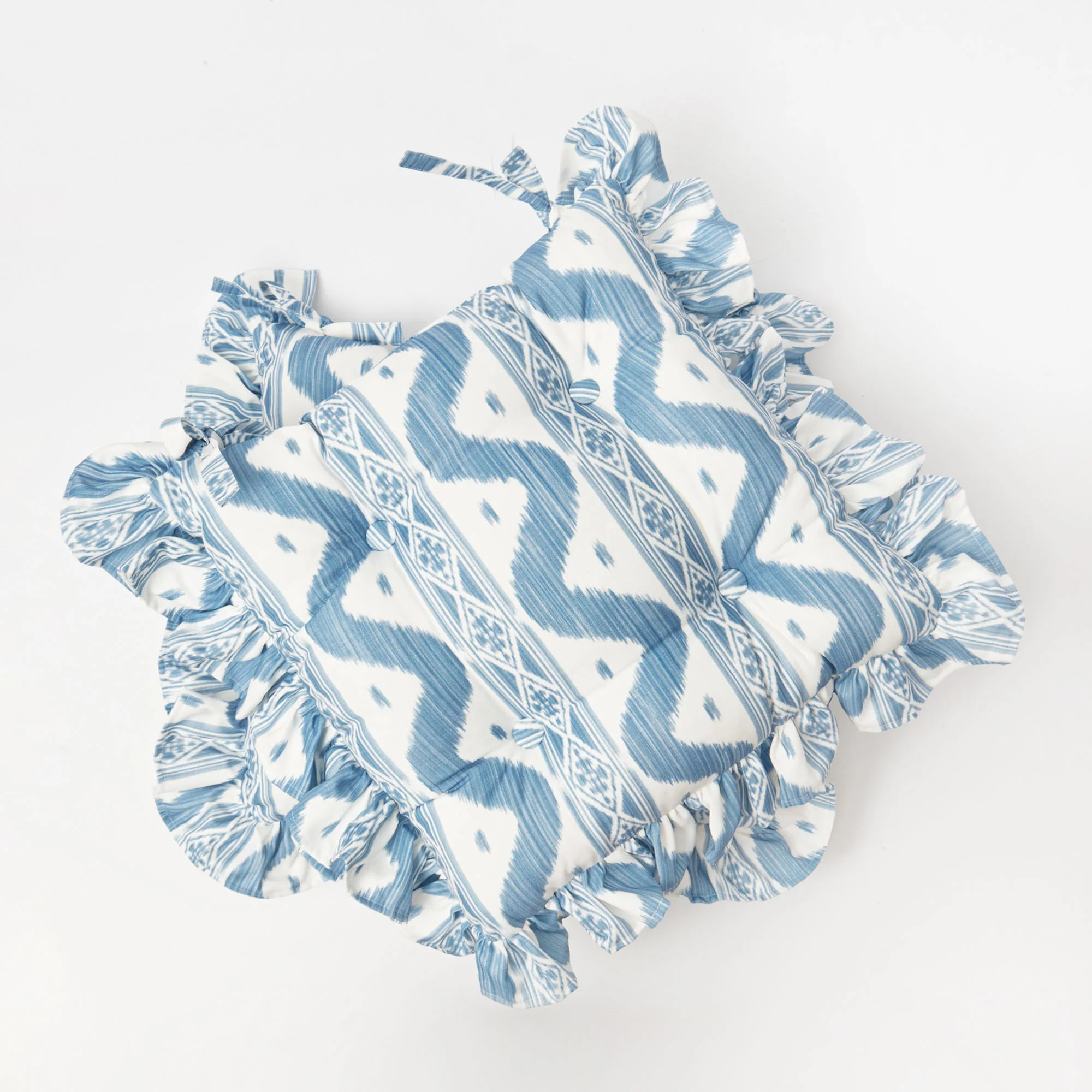 Frilled Blue Ikat Seat Pad Cushions (Set of 4) - Image 10