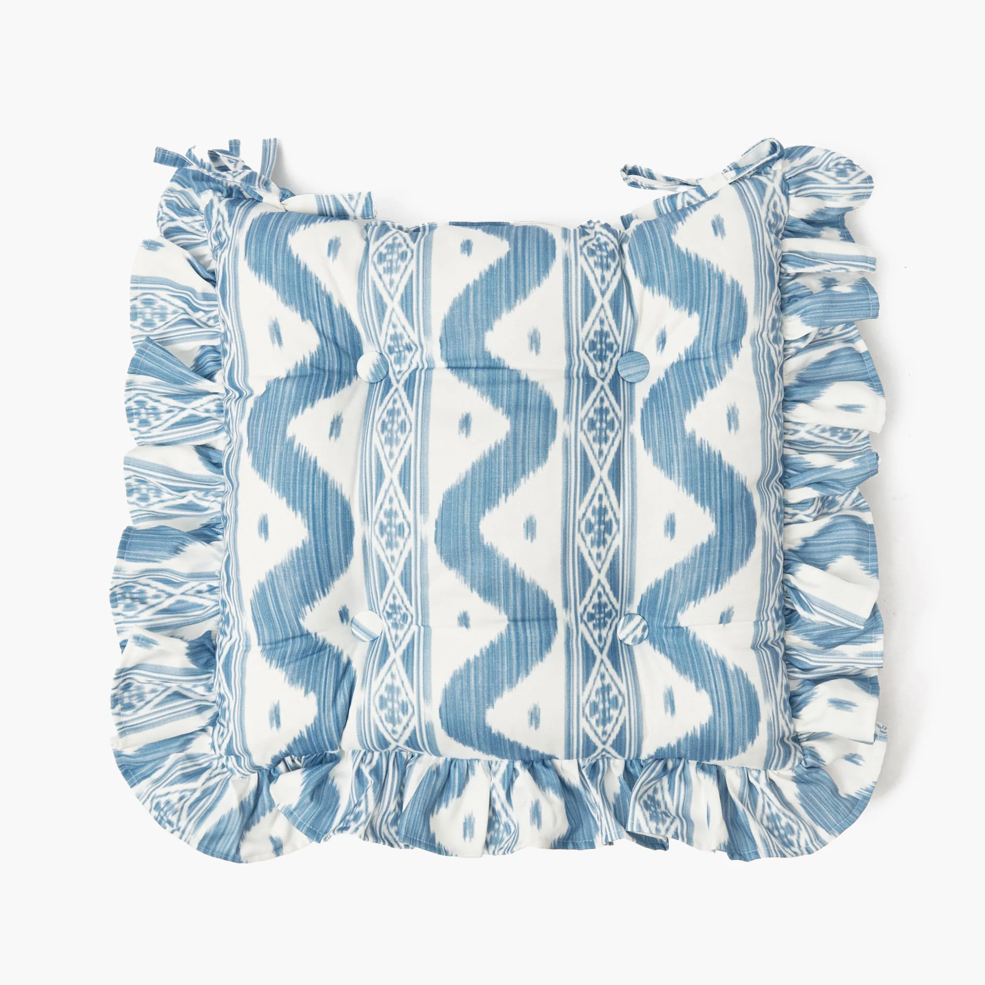 Frilled Blue Ikat Seat Pad Cushions (Set of 4) - Image 5