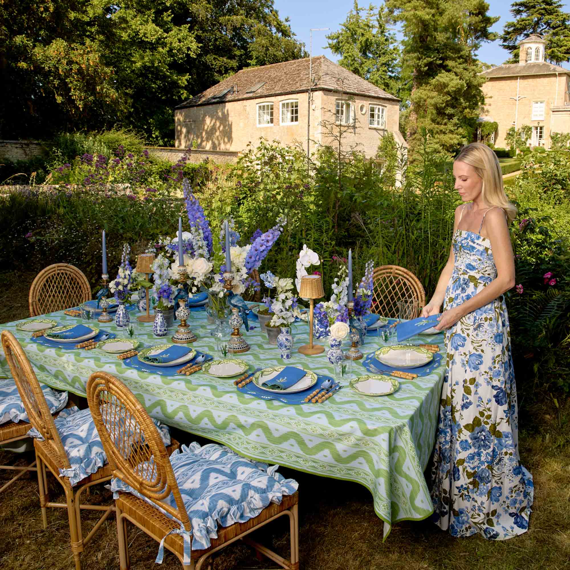 Frilled Blue Ikat Seat Pad Cushions (Set of 4) - Image 6