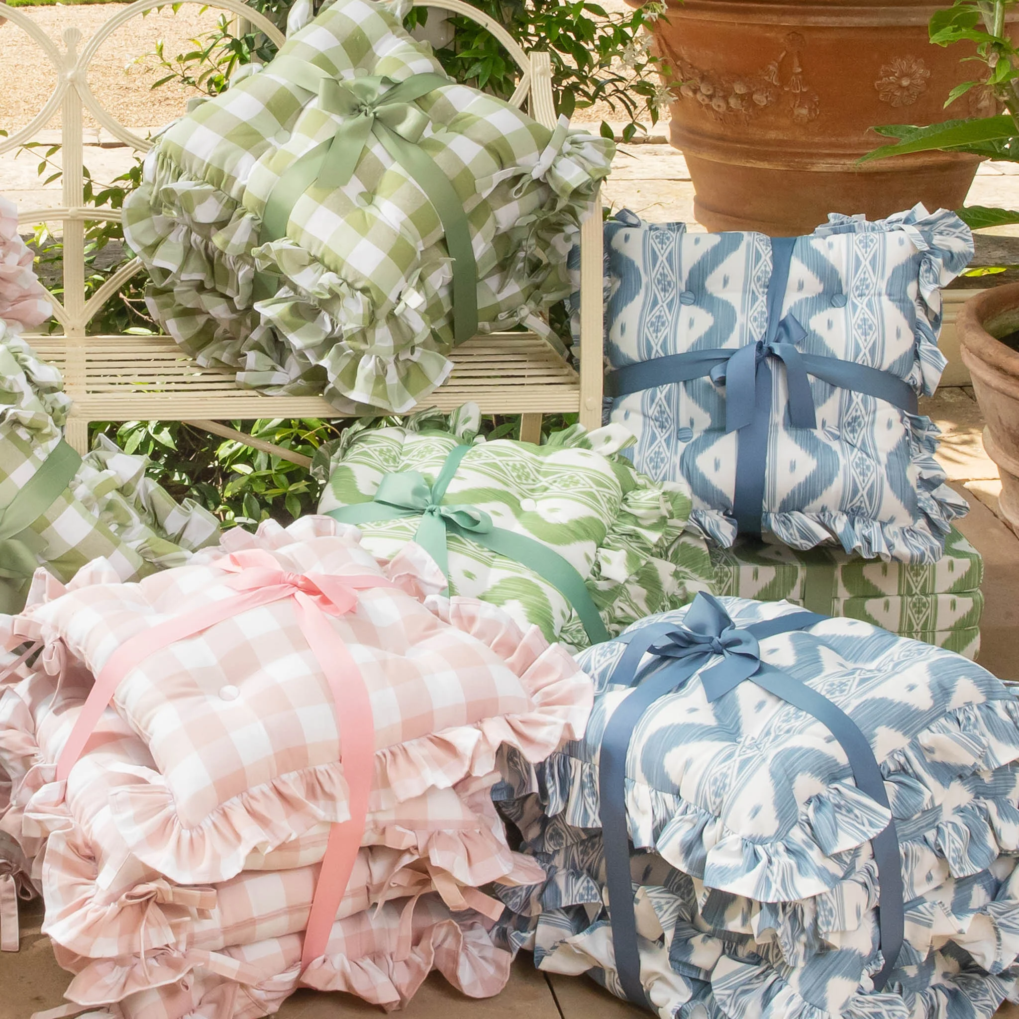 Frilled Blue Ikat Seat Pad Cushions (Set of 4) - Image 8