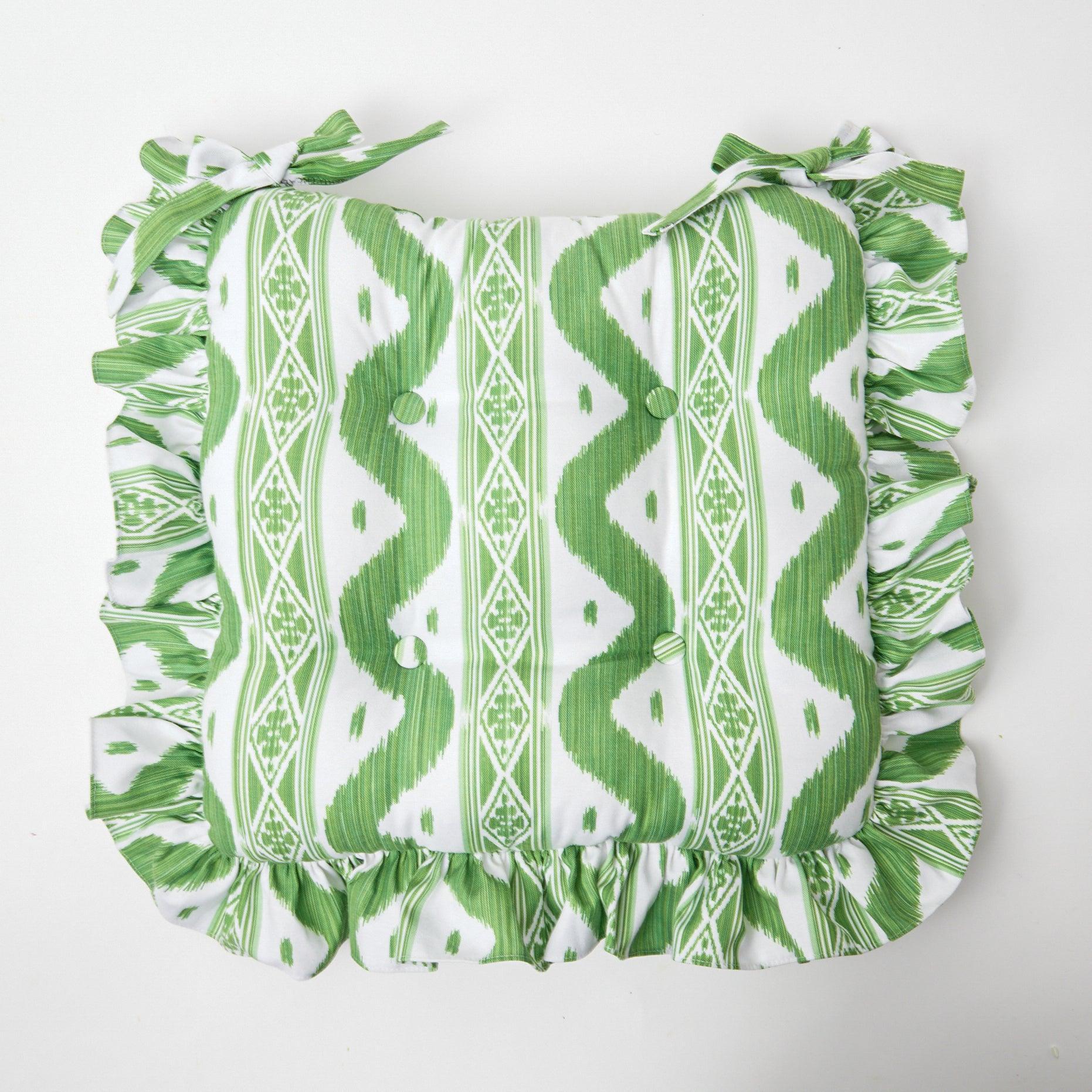 Frilled Green Ikat Seat Pad Cushion (Set of 4) - Image 3