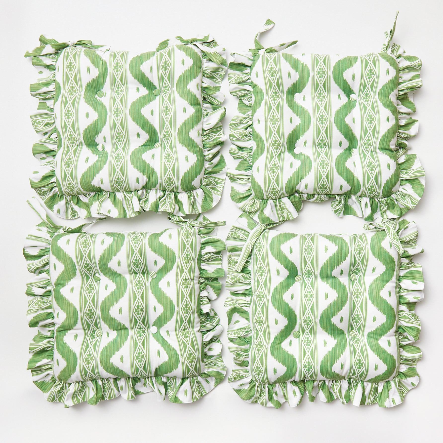 Frilled Green Ikat Seat Pad Cushion (Set of 4) - Image 6