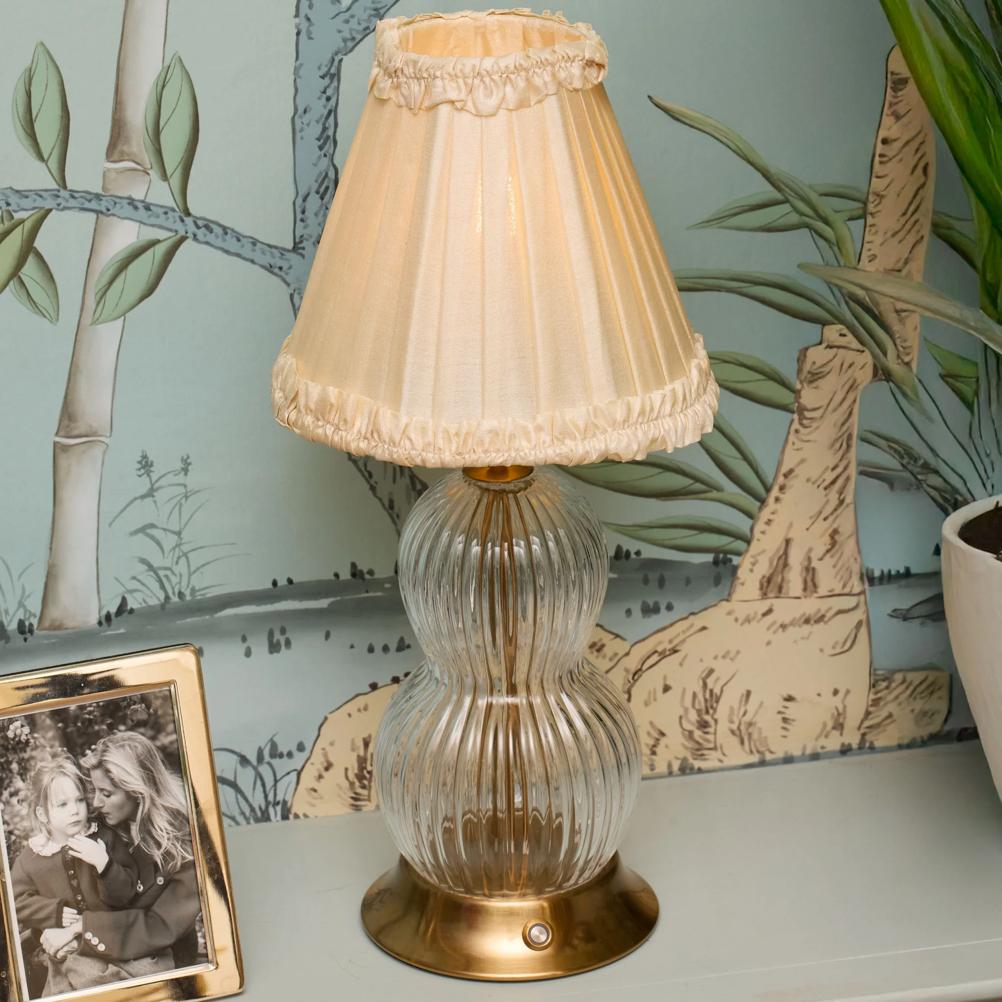 Glass Bardot Rechargeable Lamp with Cream Frilled Silk Shade (18cm) - Image 5