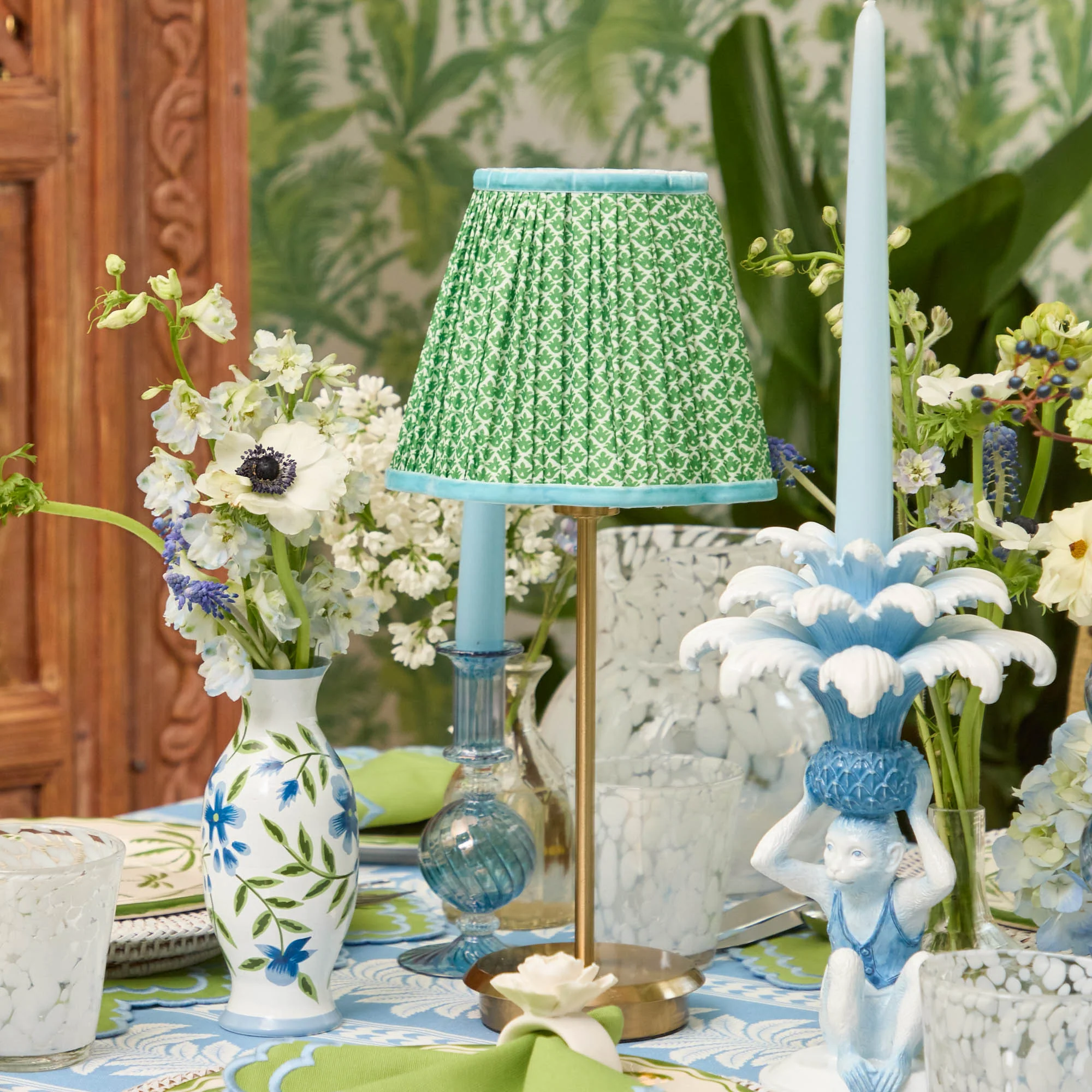 Tall Rechargeable Lamp with Green & Blue Lotus Shade (18cm) - Image 2