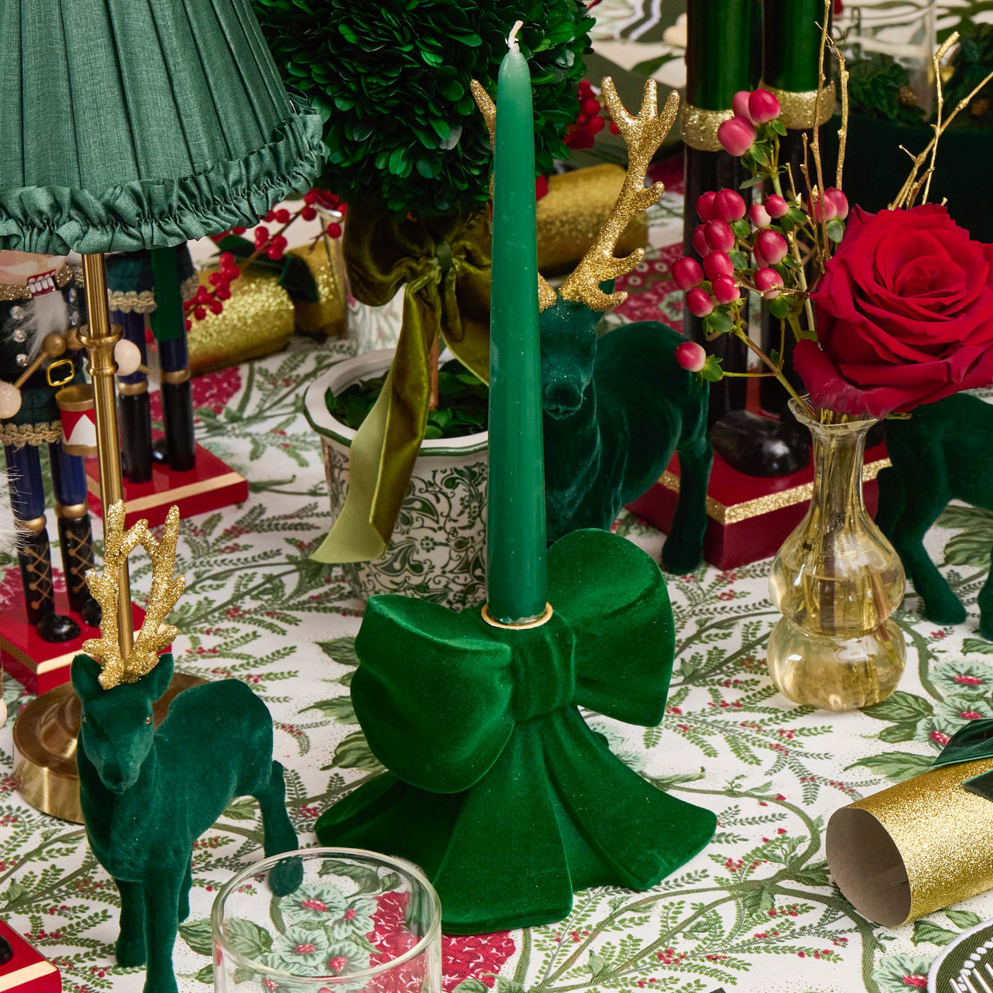 Green Velvet Bow Candle Holders (Pair) - Image 2