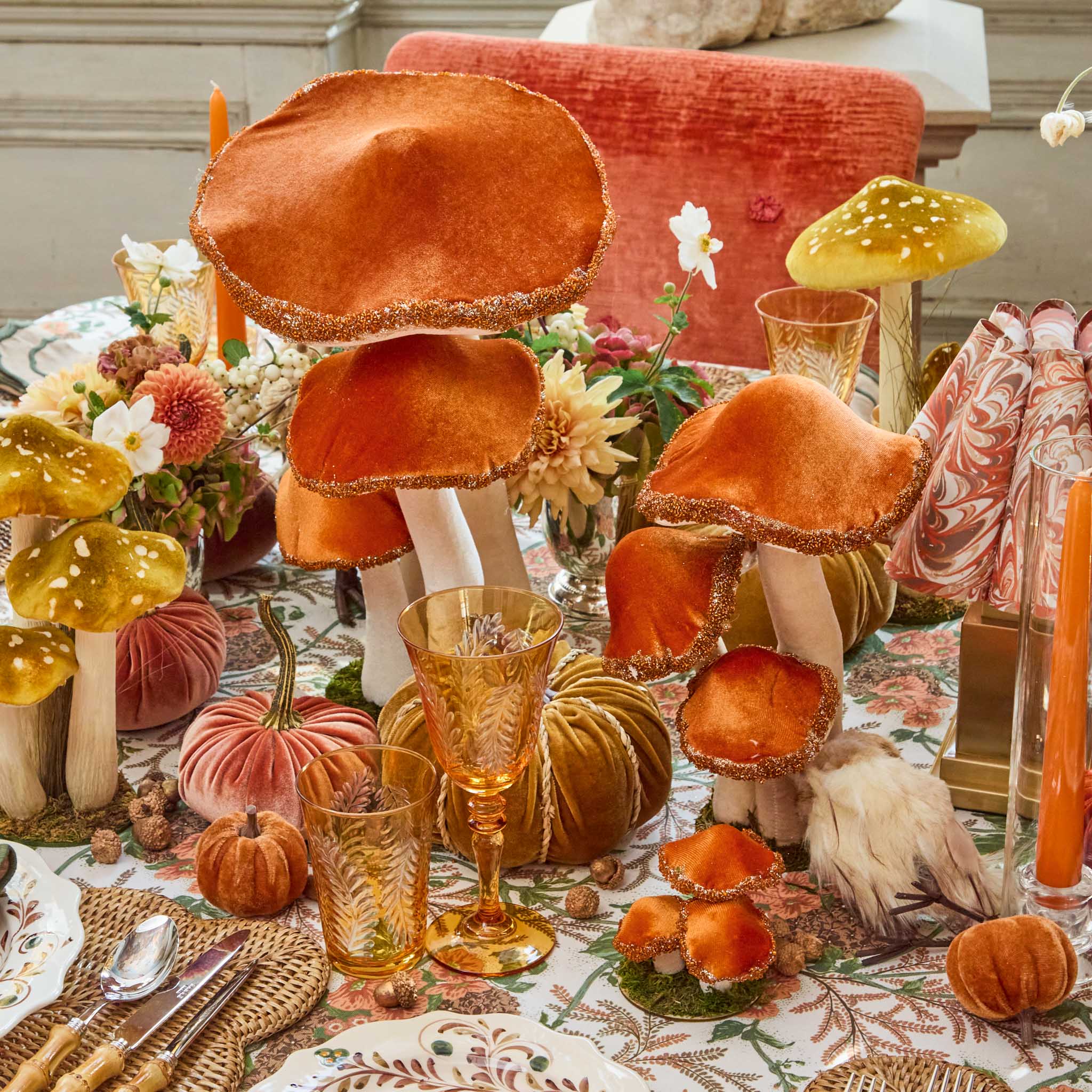 Tall Orange Beaded Velvet Mushrooms (Set of 4) - Image 2